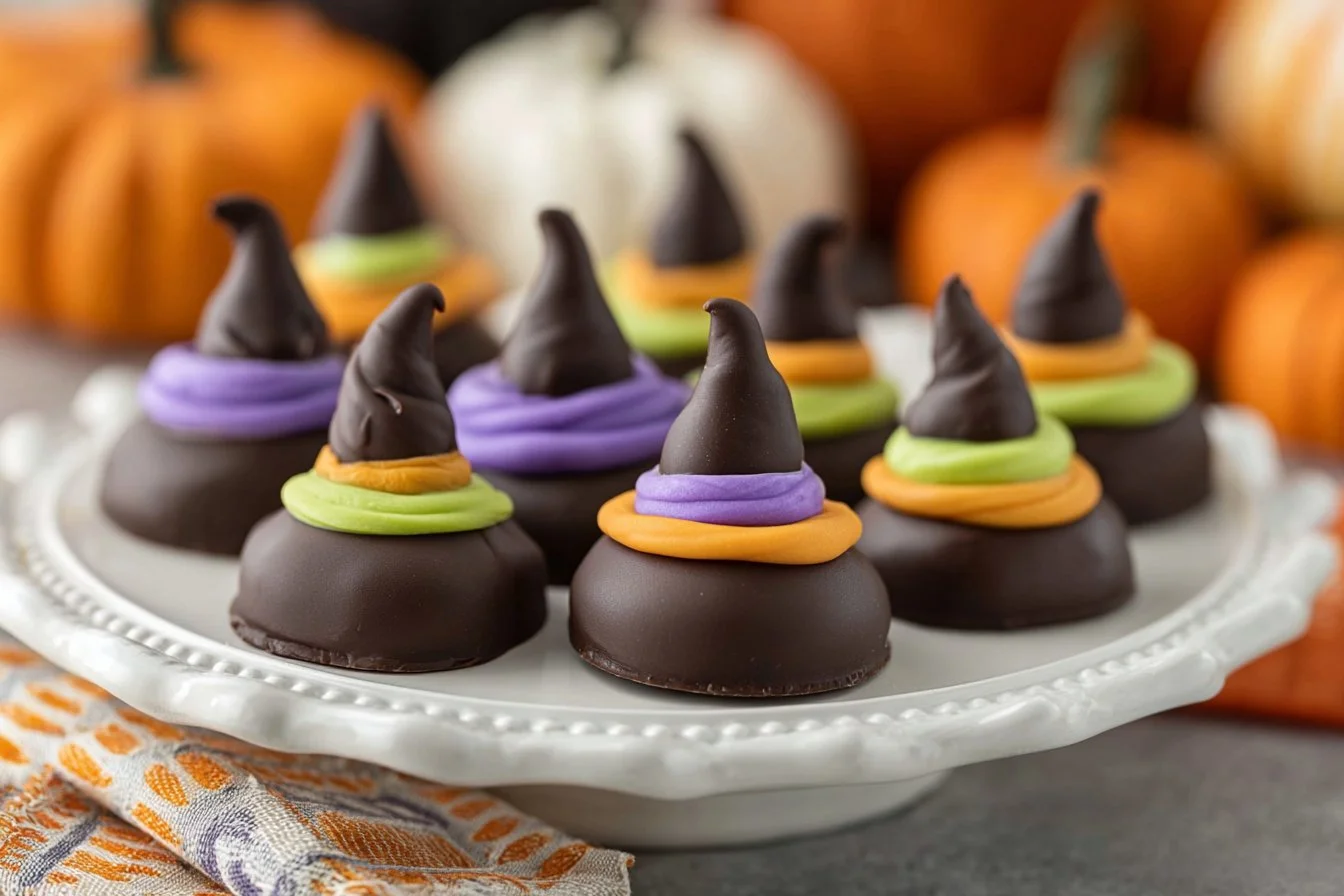 A plate of decorated Witch Hat Cookies for Halloween