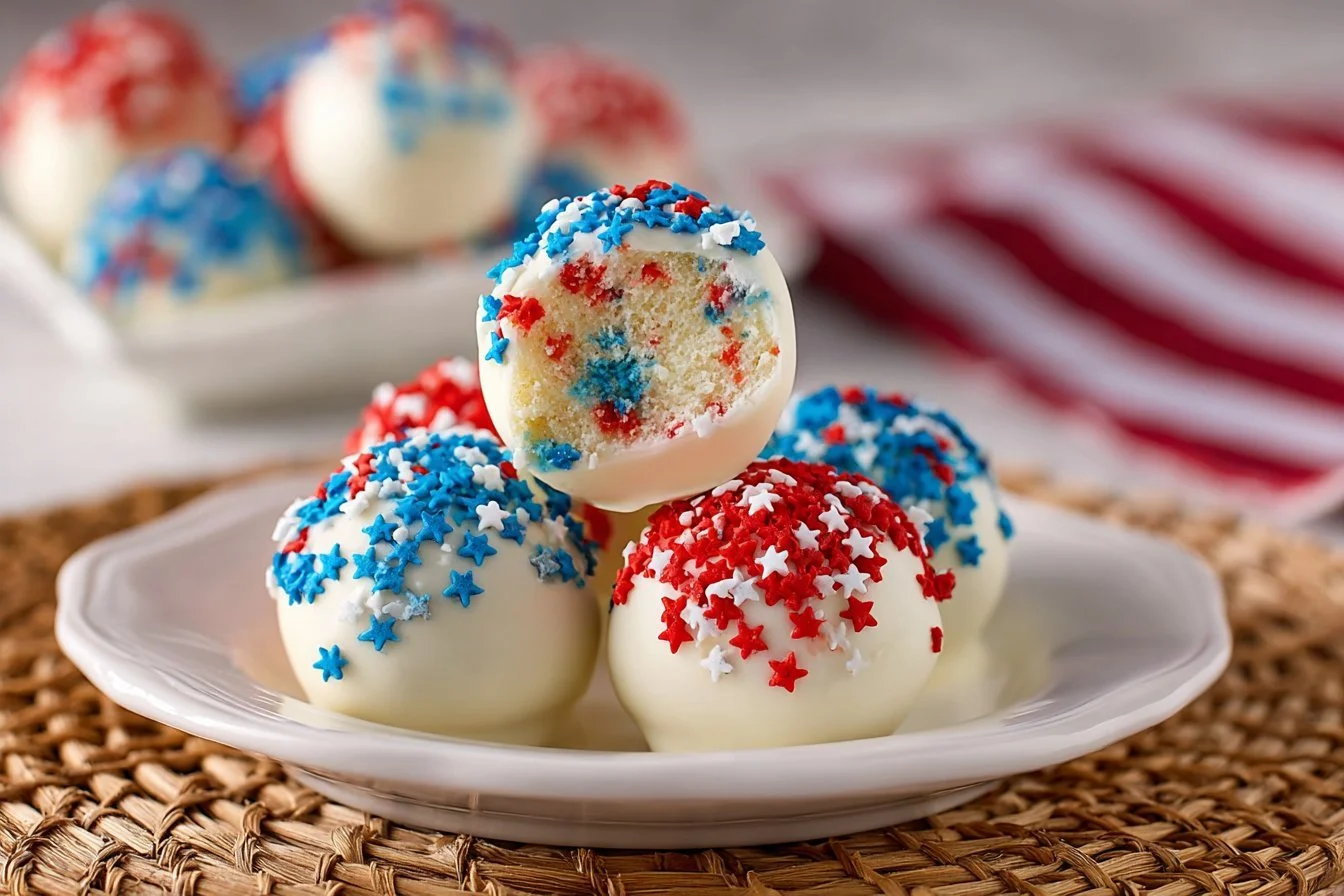 Festive 4th of July cake pops decorated in red, white, and blue colors.