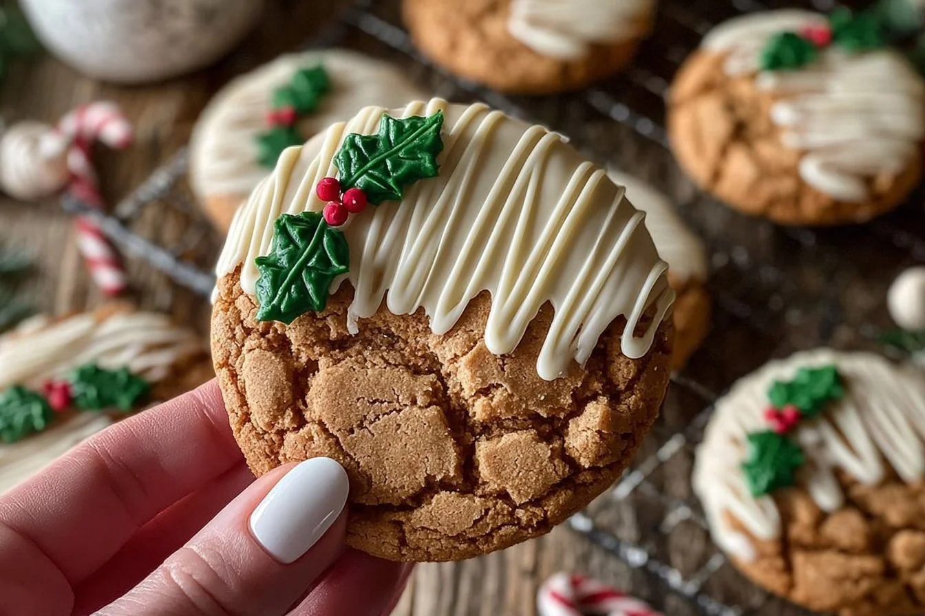Chewy maple cinnamon cookies with white chocolate on a cooling rack.