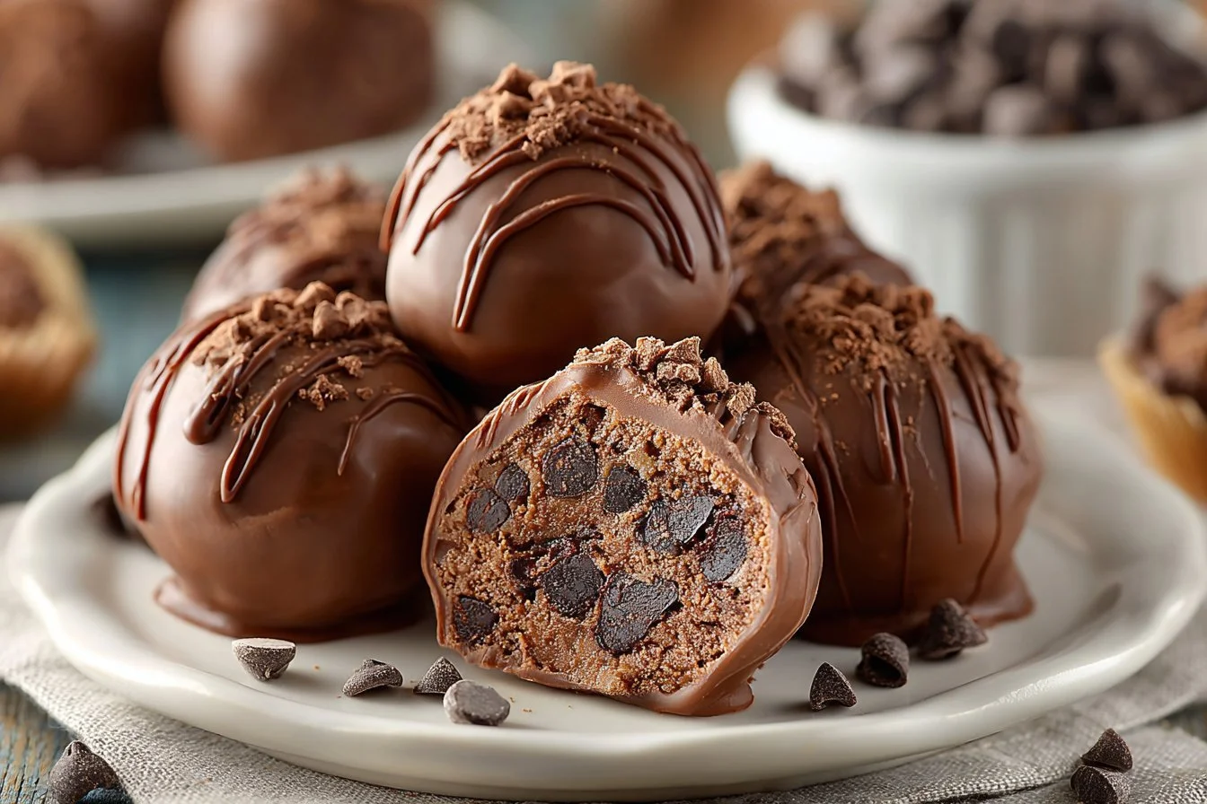 Delicious chocolate chip cookie dough brownie bombs on a plate.