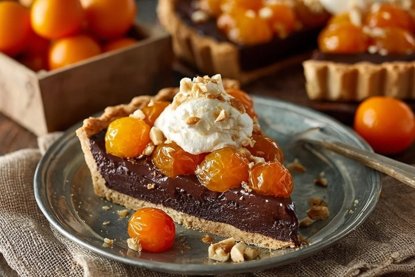 Delicious chocolate tart topped with candied kumquats on a white plate