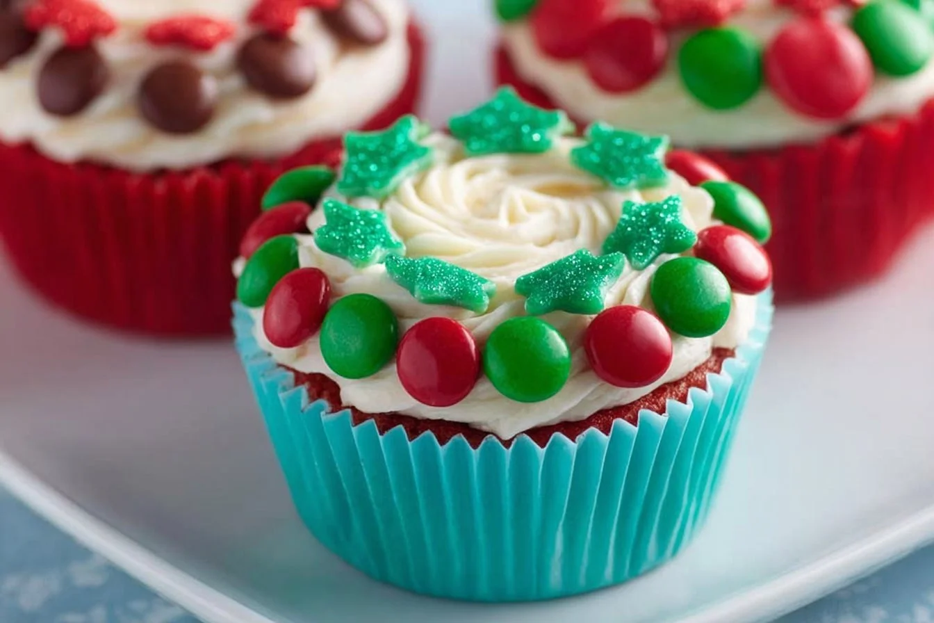 Colorful and festive Christmas cupcakes decorated with seasonal themes.