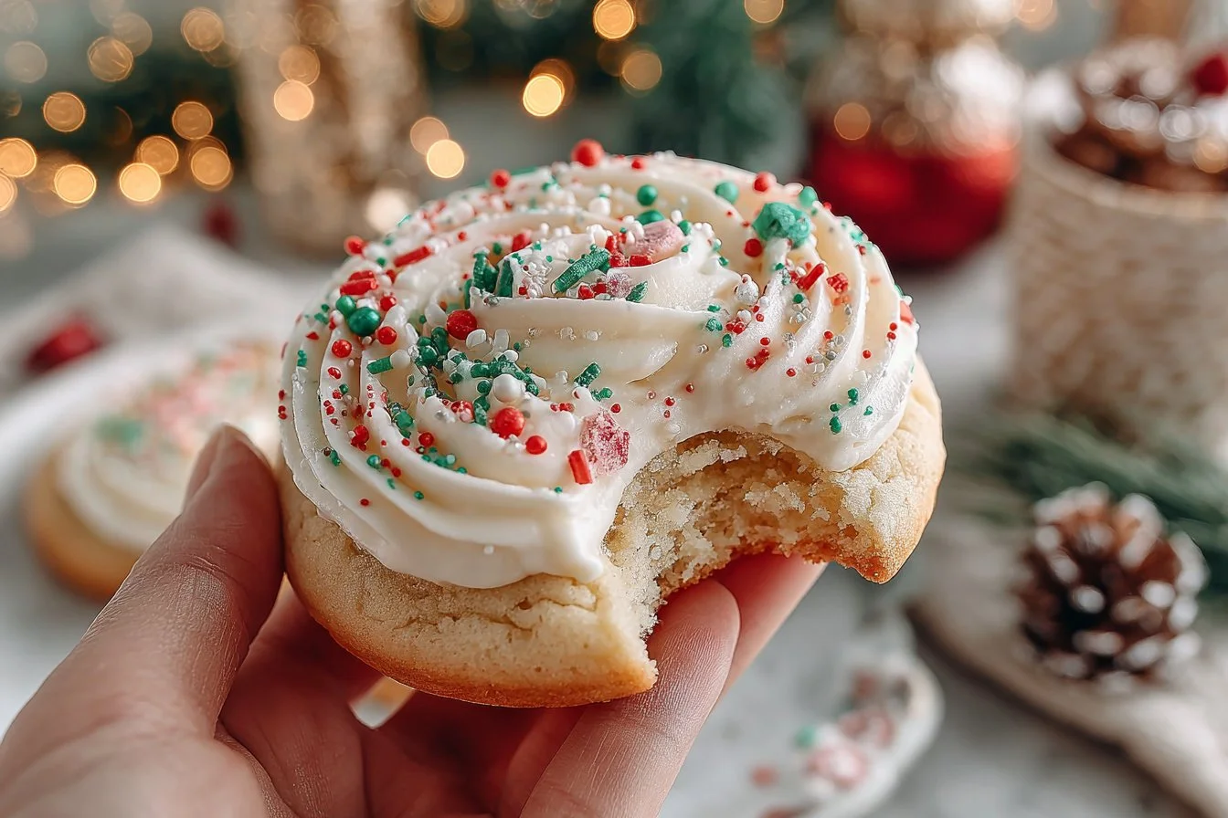 Decorated Christmas sugar cookies on a festive platter
