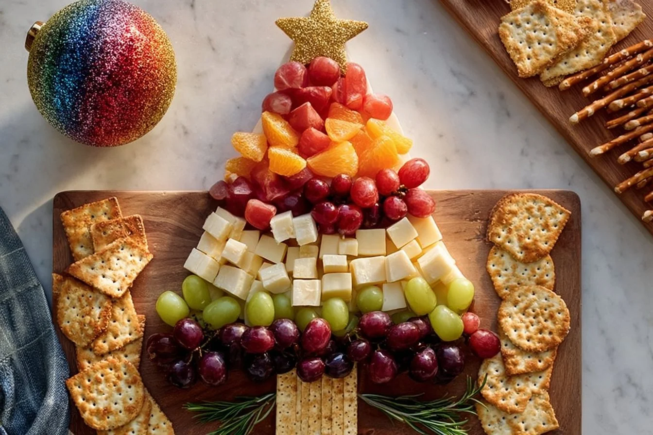 Christmas Tree Charcuterie Board with festive cheeses and cured meats