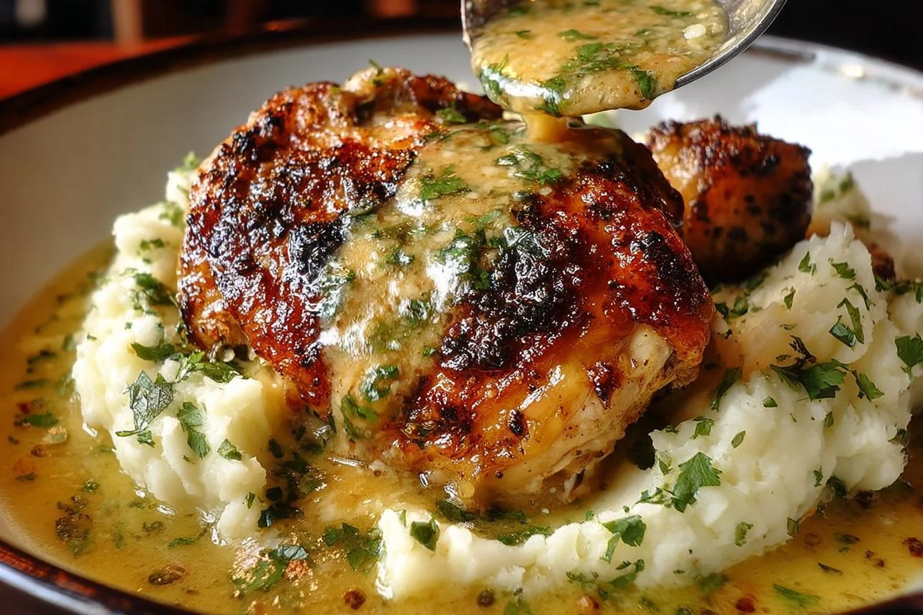 Cilantro lime roasted chicken served with creamy mashed potatoes and pan gravy