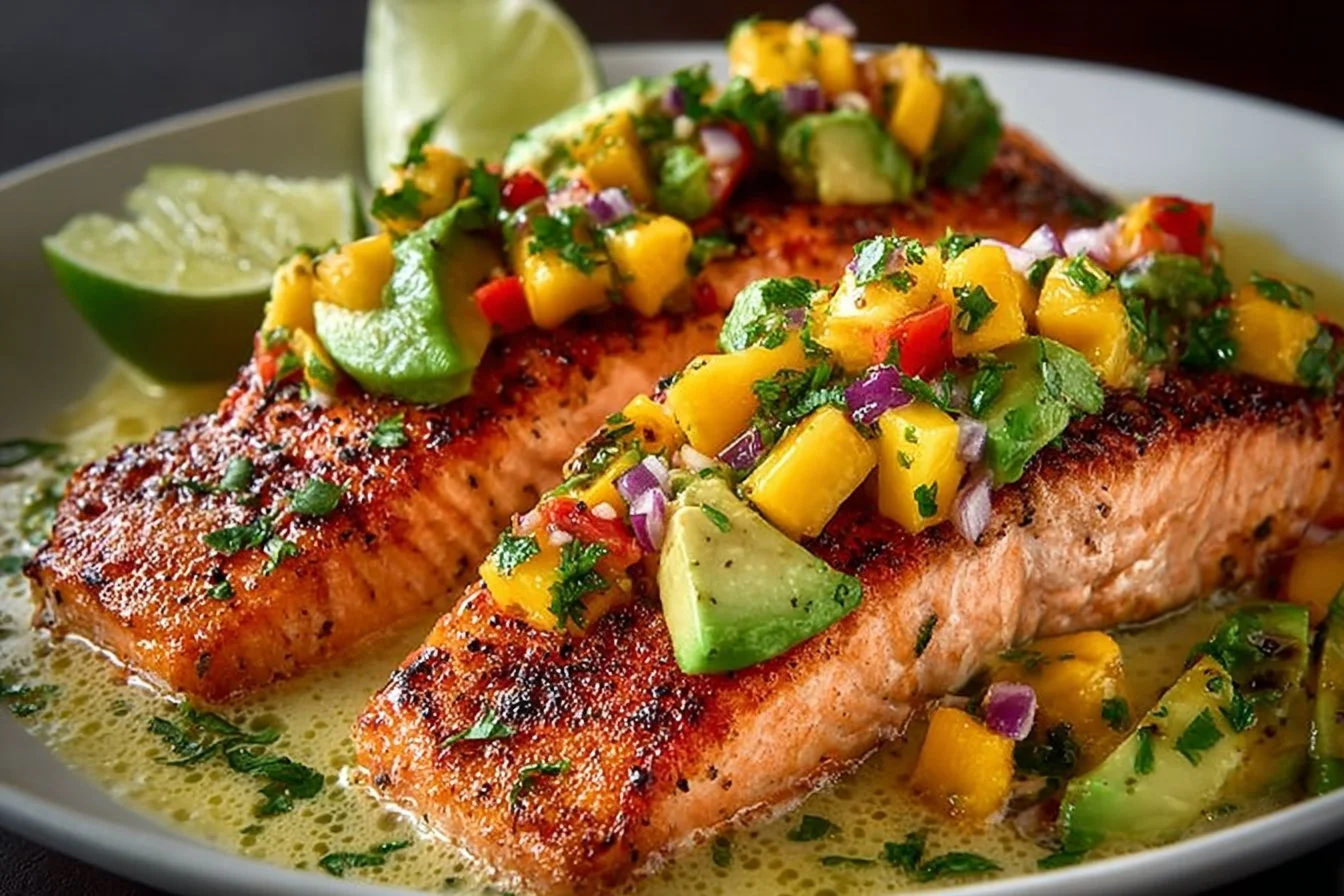 Coconut Lime Salmon with Avocado Mango Salsa Grilled Coconut Lime Salmon topped with Avocado Mango Salsa