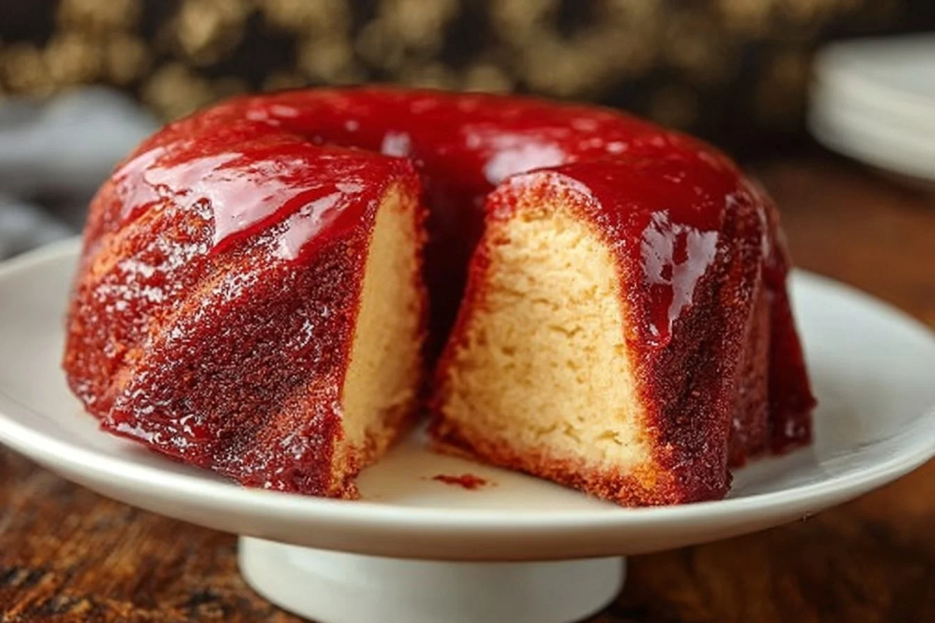 Cream cheese cake with red velvet fudge frosting beautifully presented on a plate