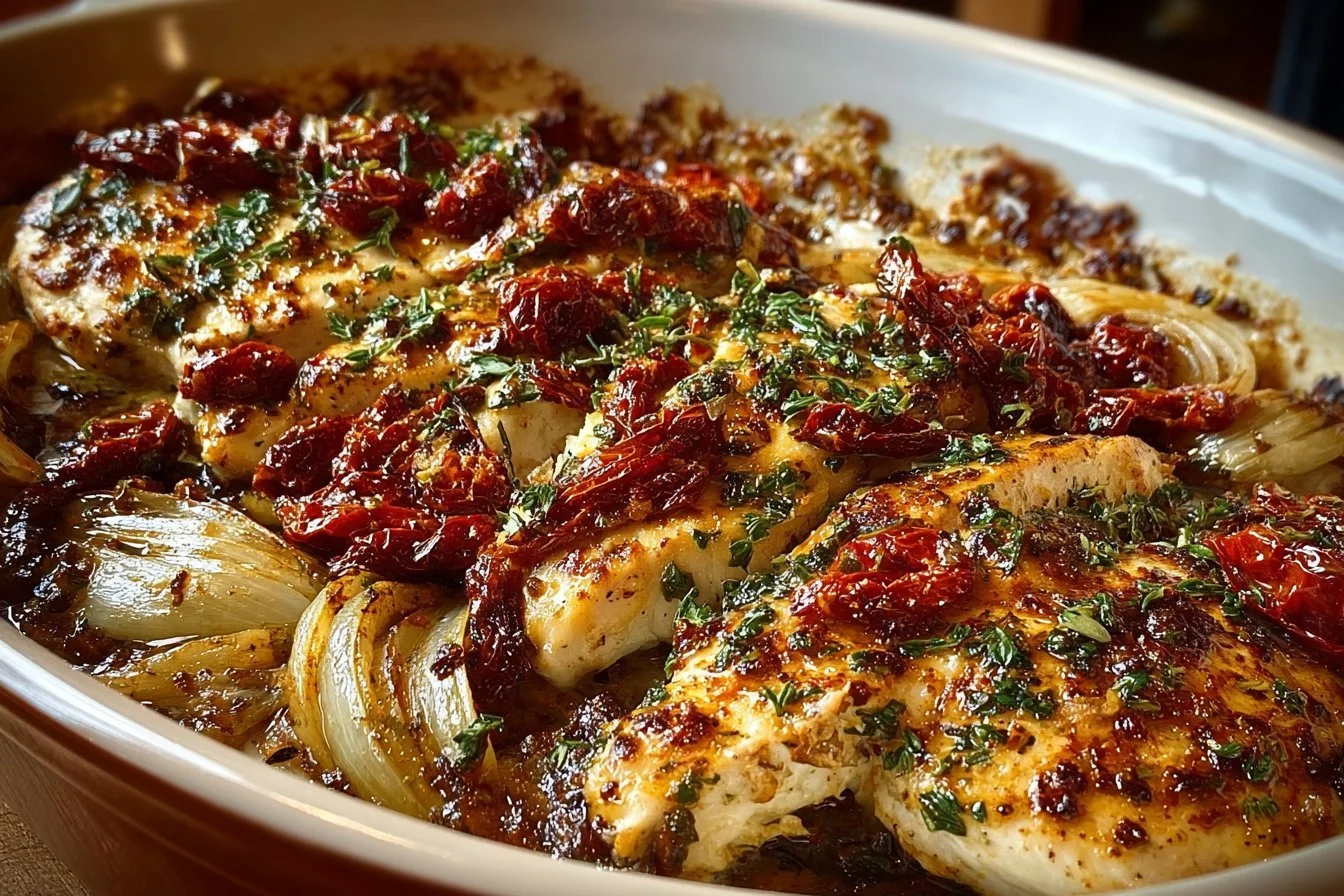 Creamy Balsamic Chicken with Roasted Onions and Sun-Dried Tomatoes Creamy balsamic chicken dish with roasted onions and sun-dried tomatoes