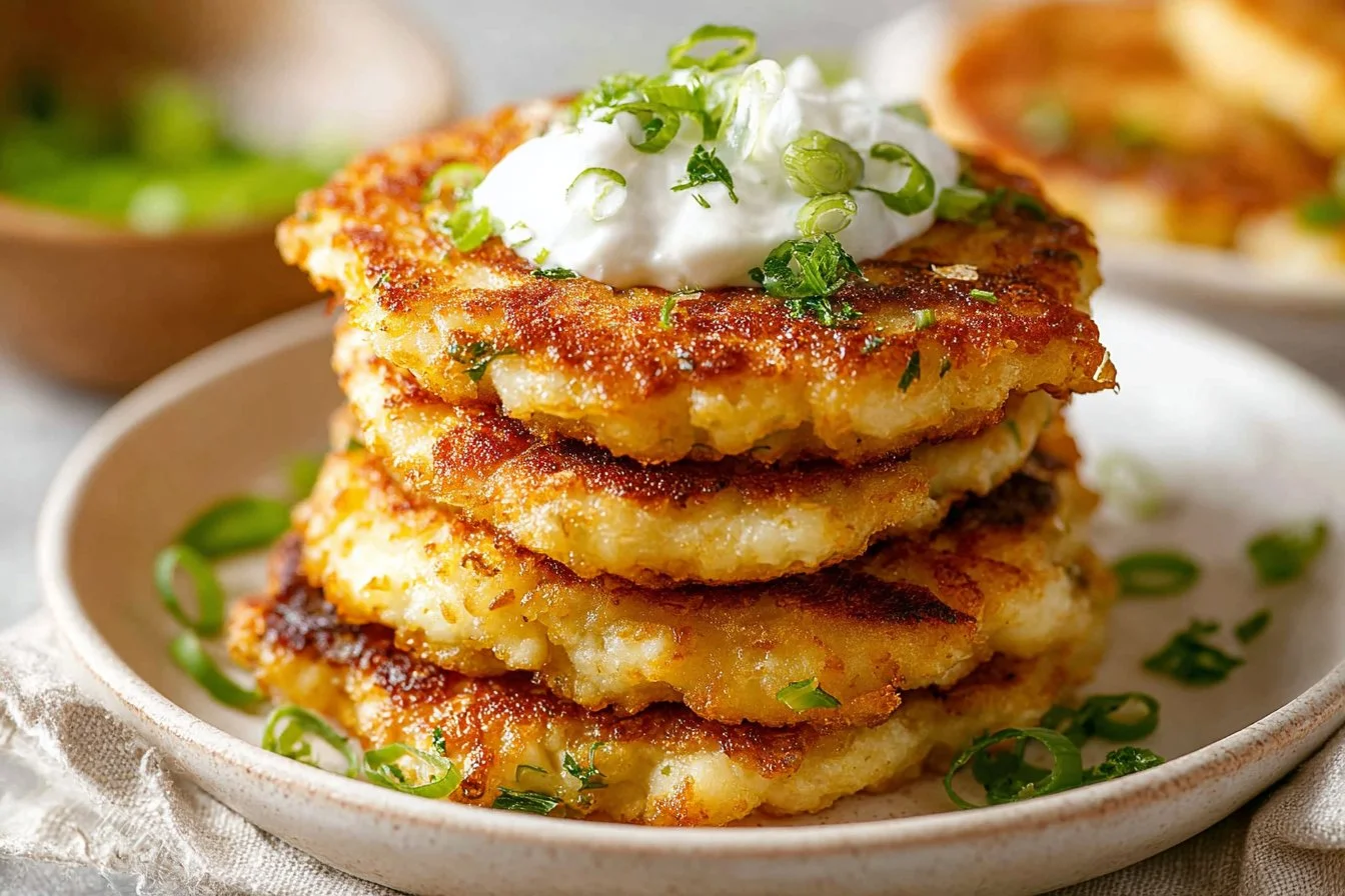 Plate of homemade delicious cauliflower fritters served with dipping sauce.