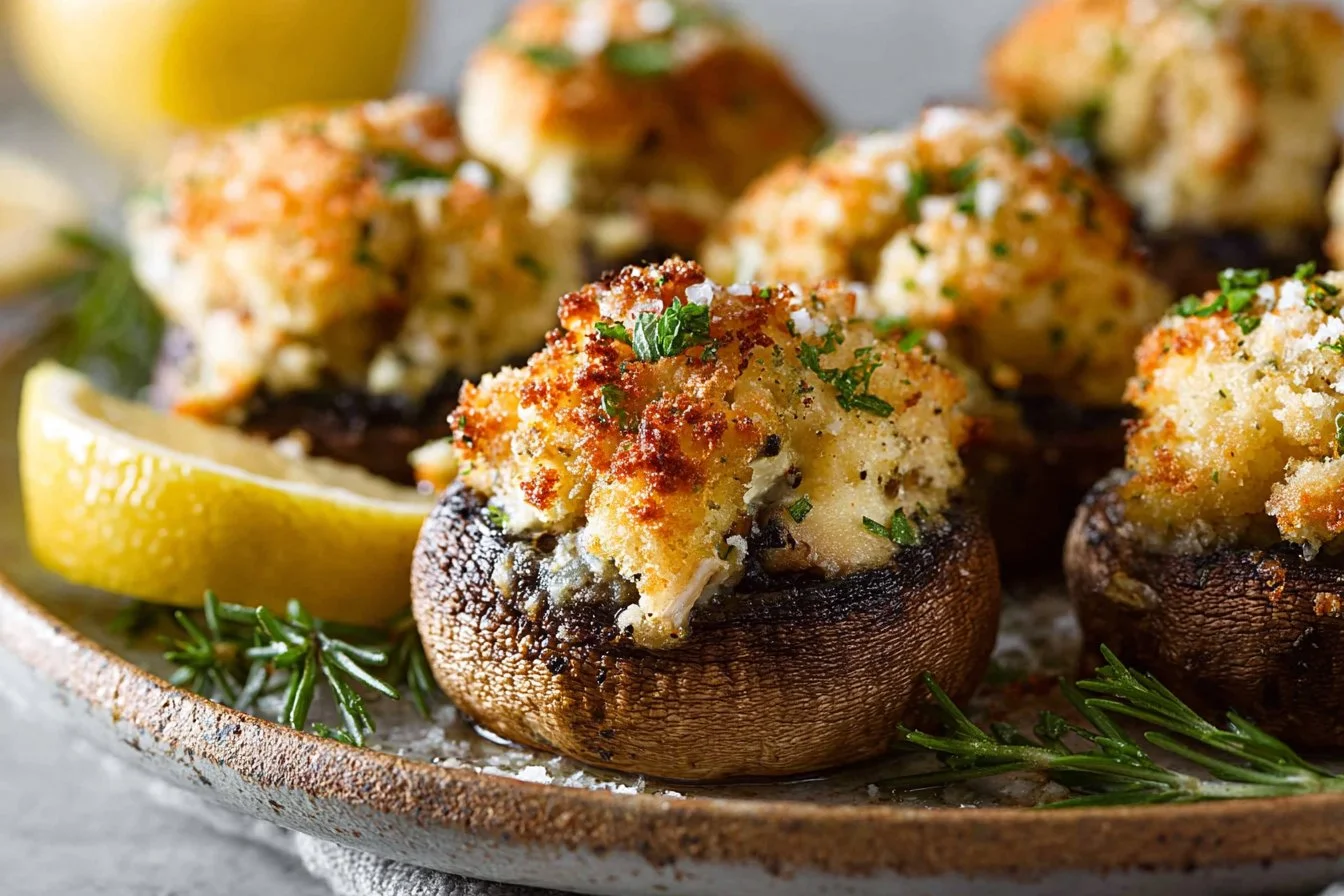 Delicious crab stuffed mushrooms ready to serve as a savory appetizer