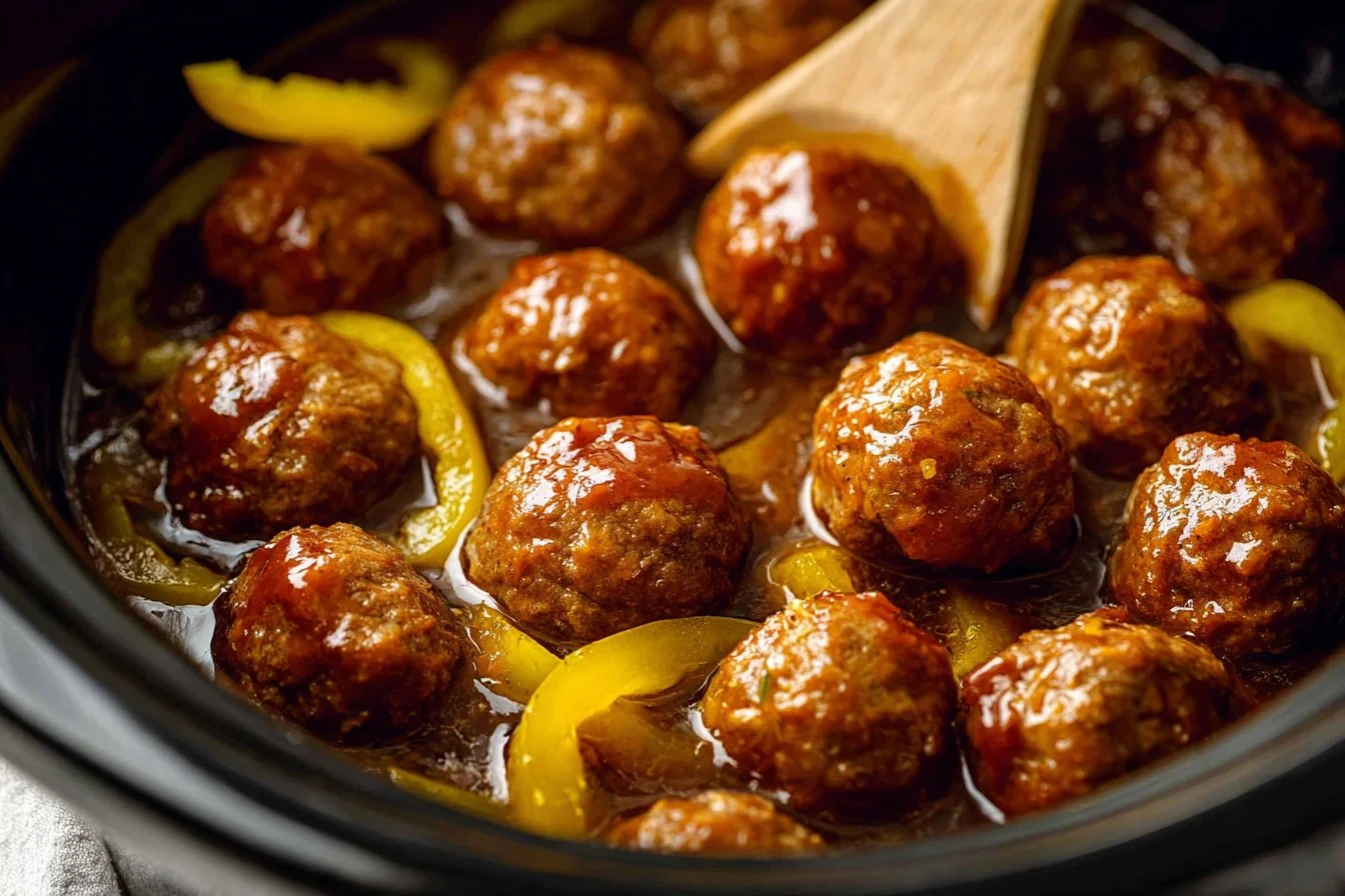 Slow-cooked Crockpot Mississippi Meatballs served on a plate