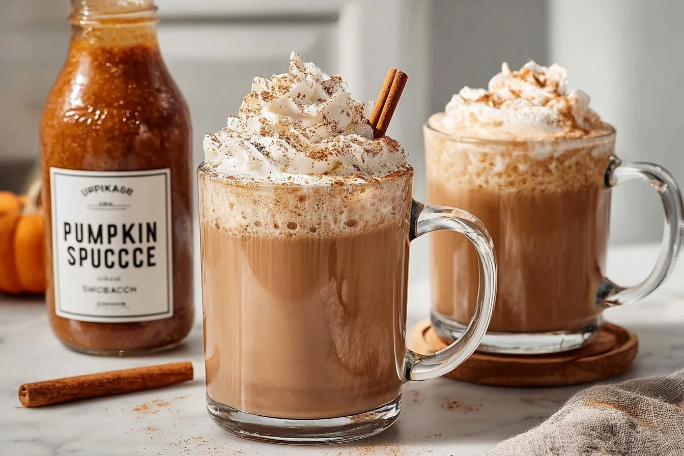 Delicious Pumpkin Spice Latte in a warm mug with autumn leaves