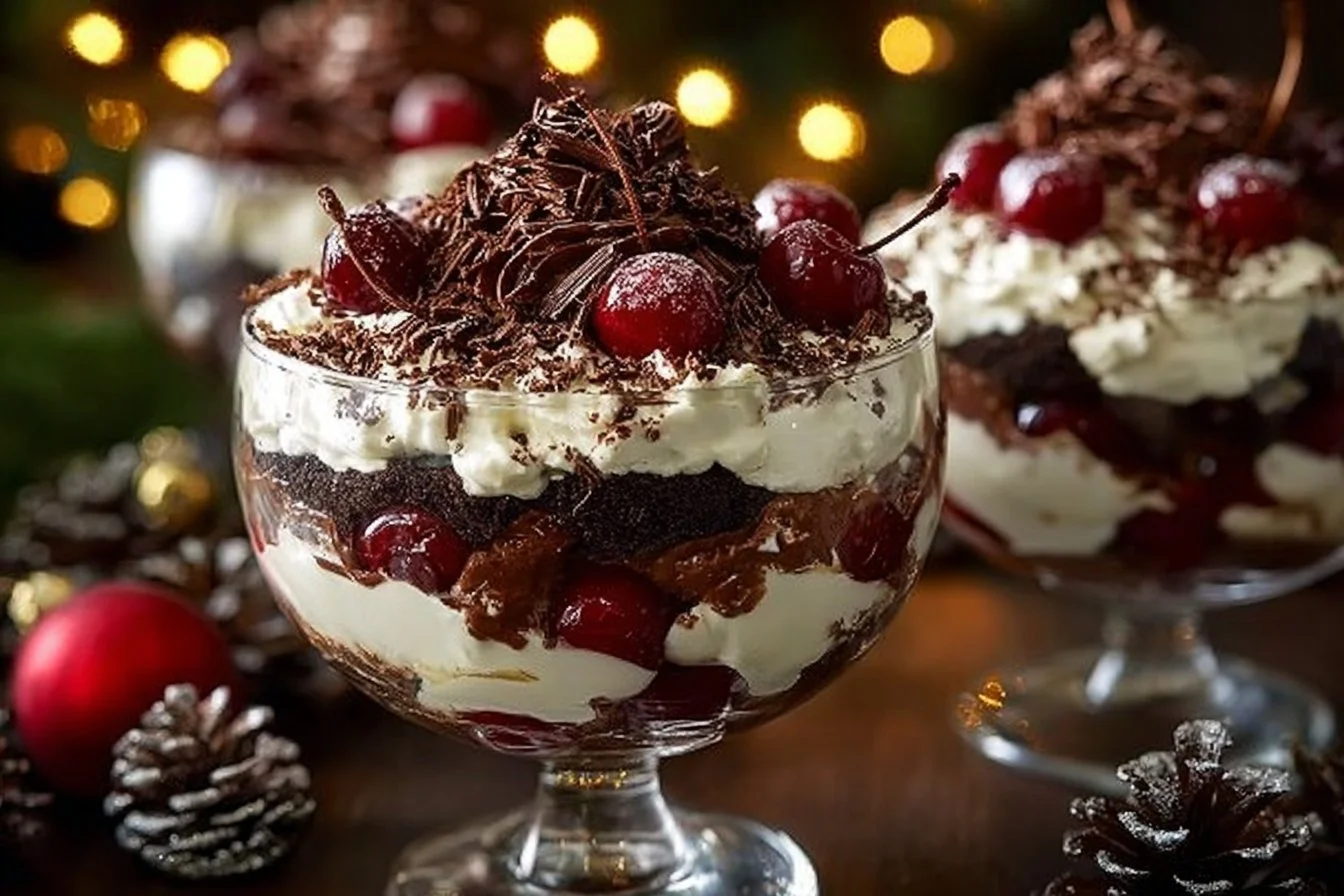 Delightful Black Forest Trifle dessert layered with chocolate, cherries, and whipped cream