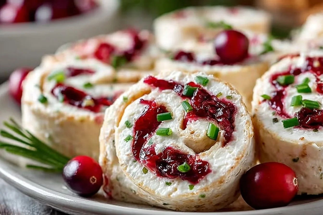 Festive Christmas cranberry roll ups on a decorative platter.
