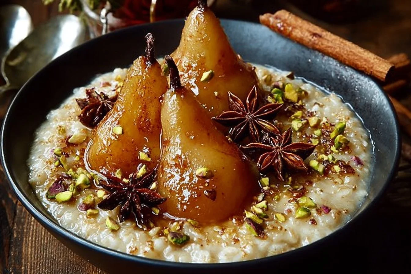 Honey-Spiced Pear Oatmeal with Pistachios Honey-spiced pear oatmeal with pistachios in a bowl