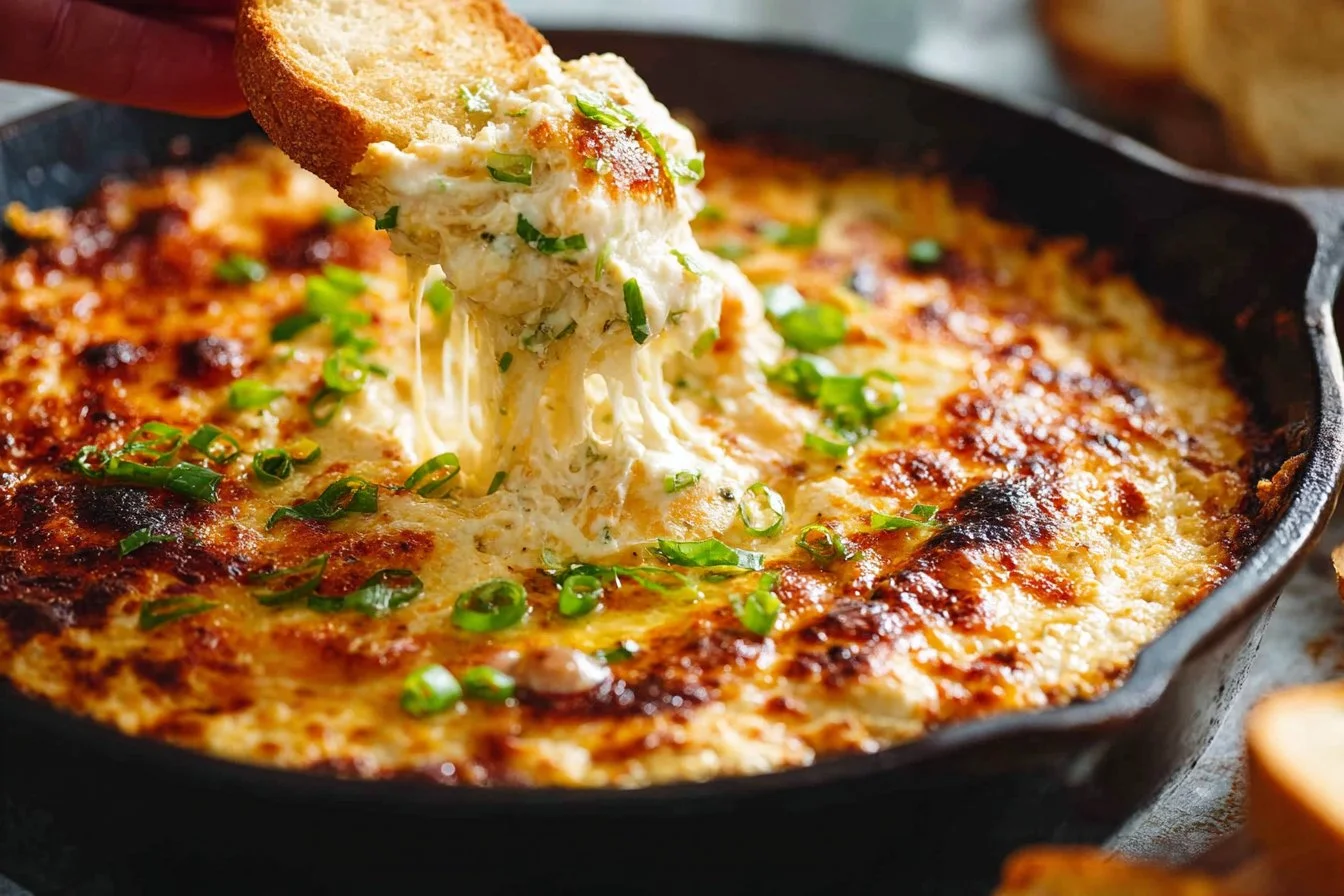 Delicious hot crab dip served in a bowl with crackers
