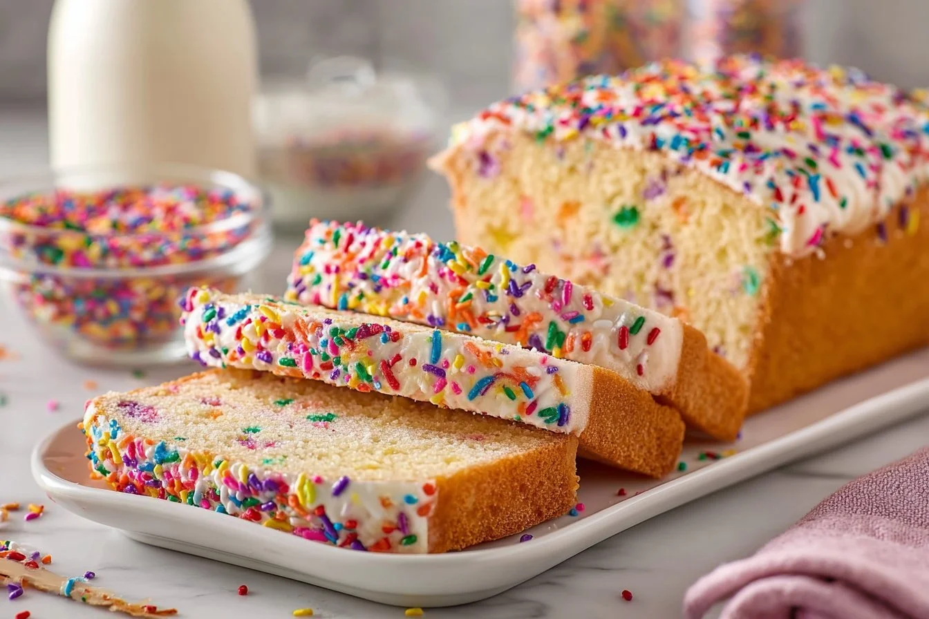 A loaf of freshly baked ice cream bread with colorful sprinkles
