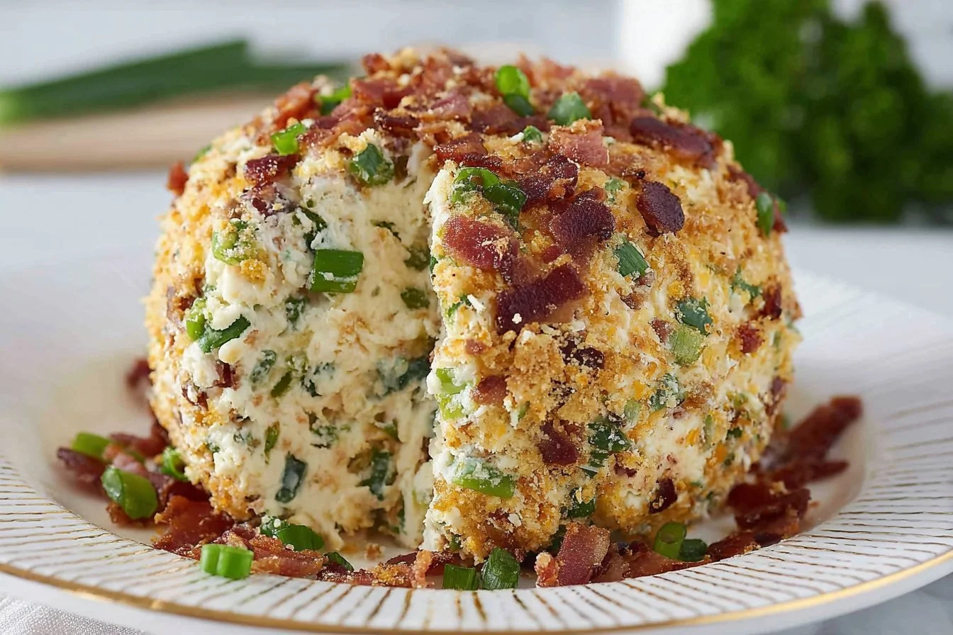 Jalapeño Popper Cheese Ball garnished with jalapeños and herbs