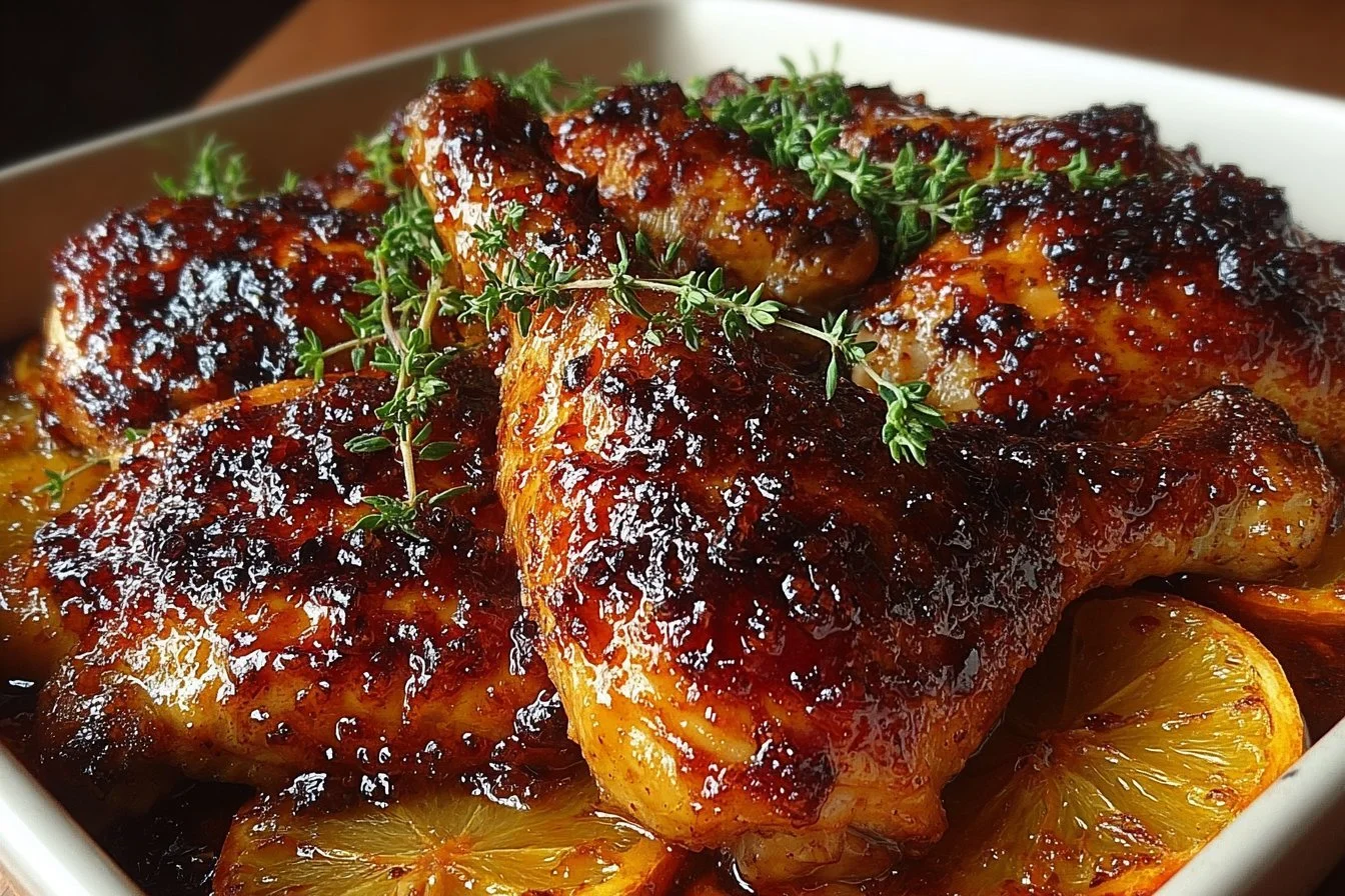 Maple Orange Glazed Chicken Quarters Maple Orange Glazed Chicken quarters served on a plate with vegetables