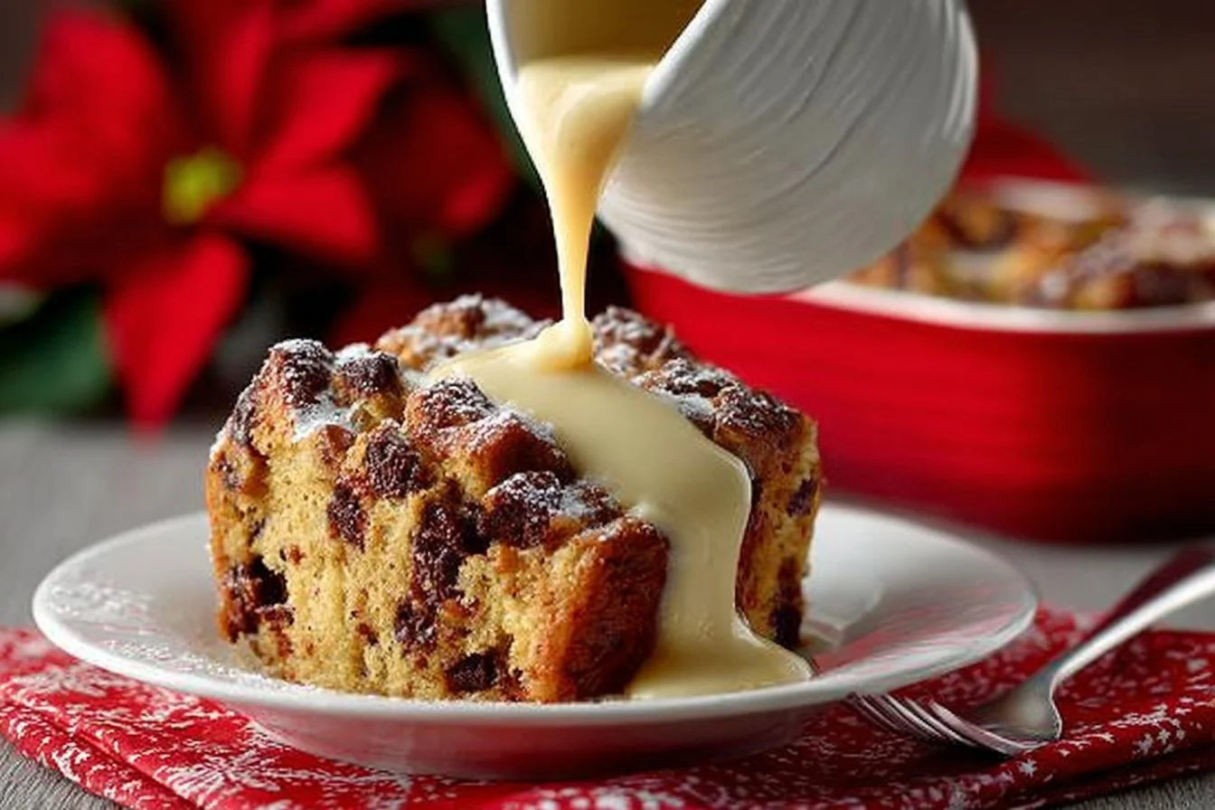 Delicious Panettone Bread Pudding topped with fruits and cream.