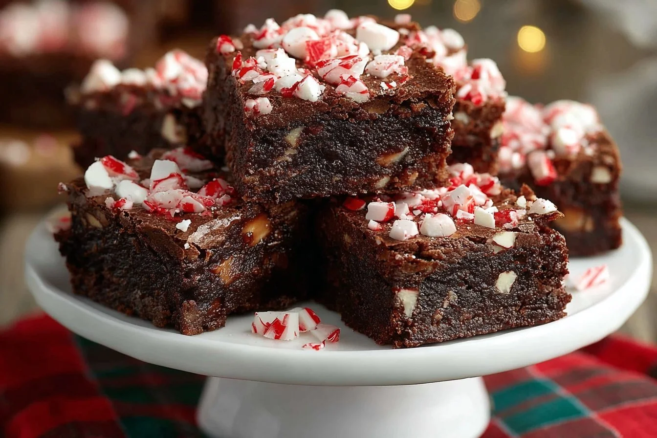 Delicious peppermint crunch brownies topped with festive peppermint bits