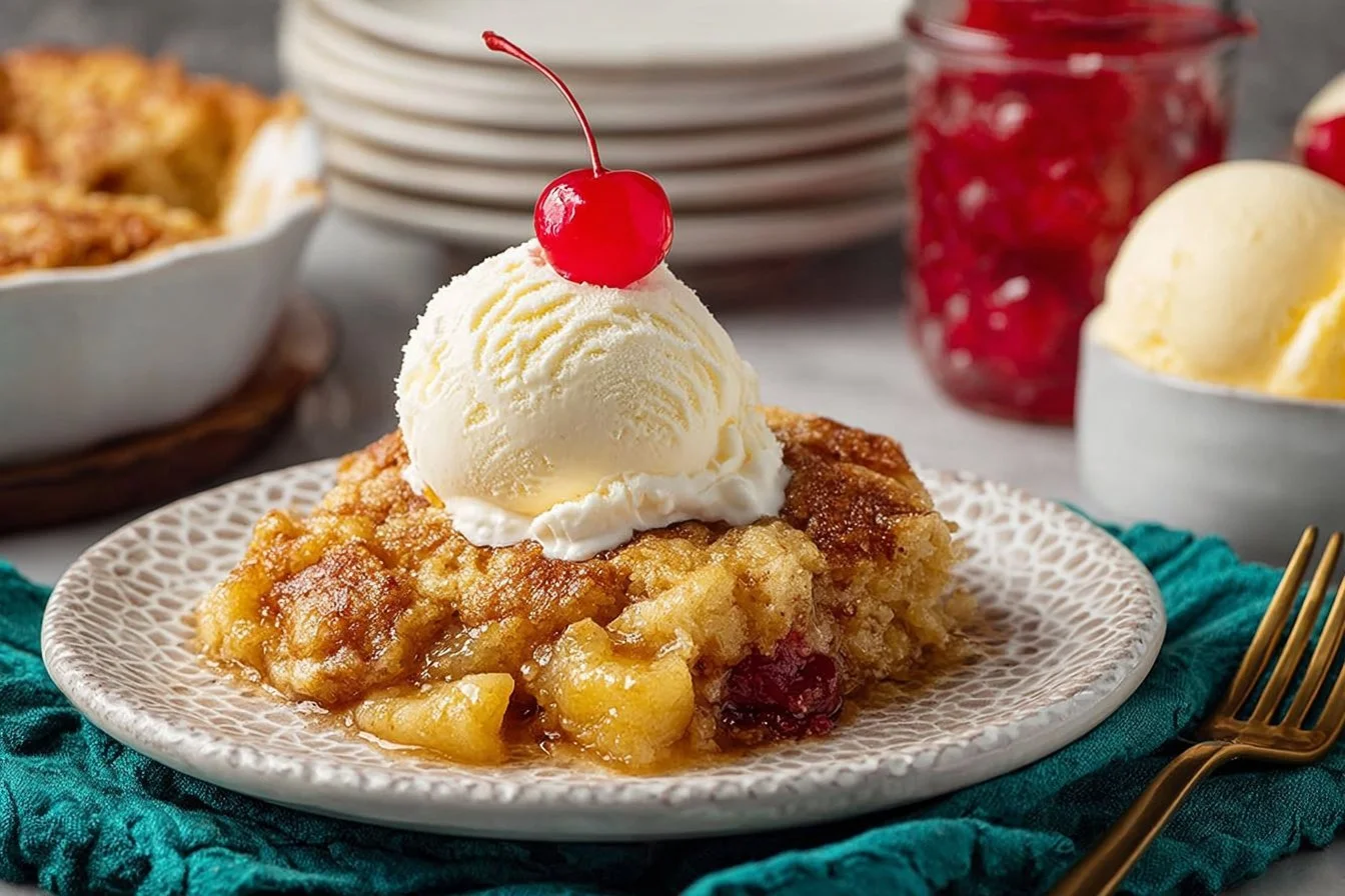 Delicious Pineapple Dump Cake served with whipped cream
