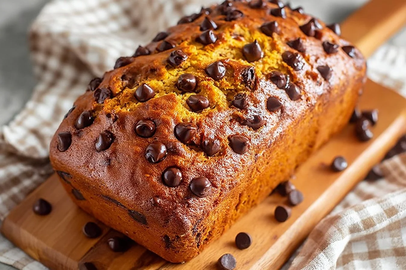 Loaf of Pumpkin Chocolate Chip Bread with chocolate chips and pumpkin slices.
