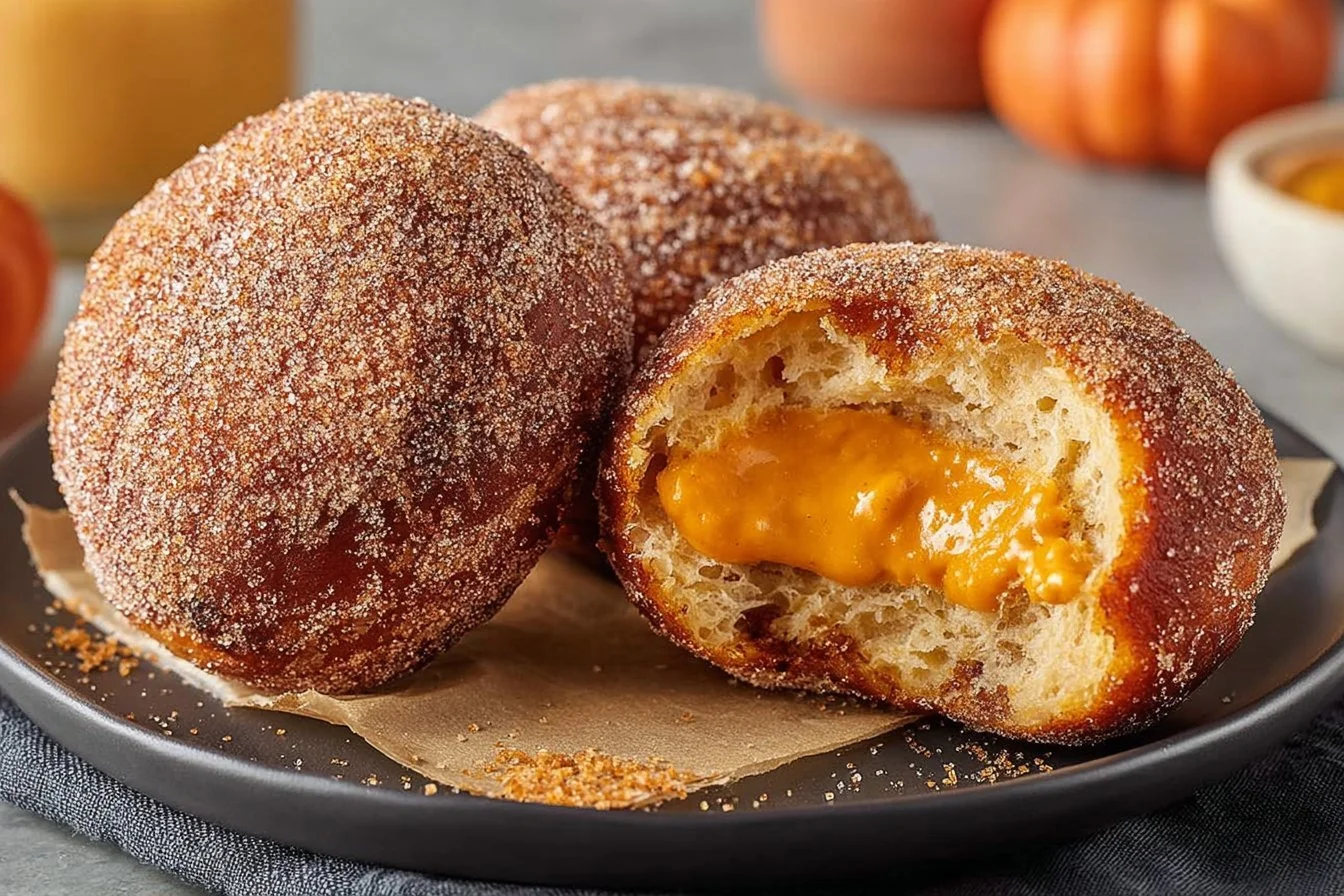 Delicious pumpkin cream filled donuts topped with cinnamon sugar
