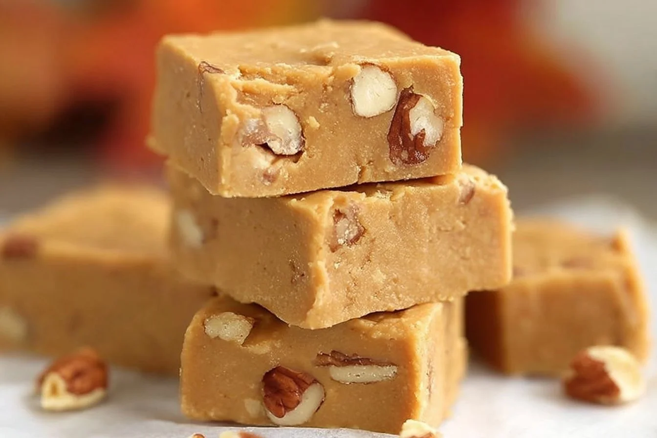 Delicious homemade pumpkin fudge with spices and creamy texture.