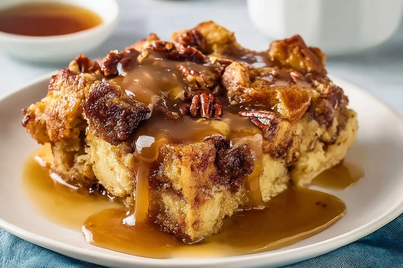 Delicious Pumpkin Praline Bread Pudding served with a creamy sauce