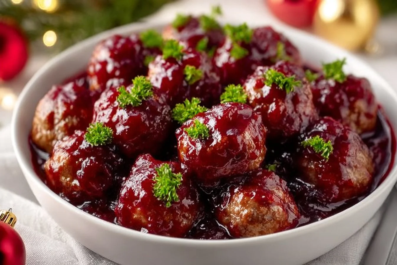 Delicious quick cranberry meatballs served on a festive platter for Christmas.