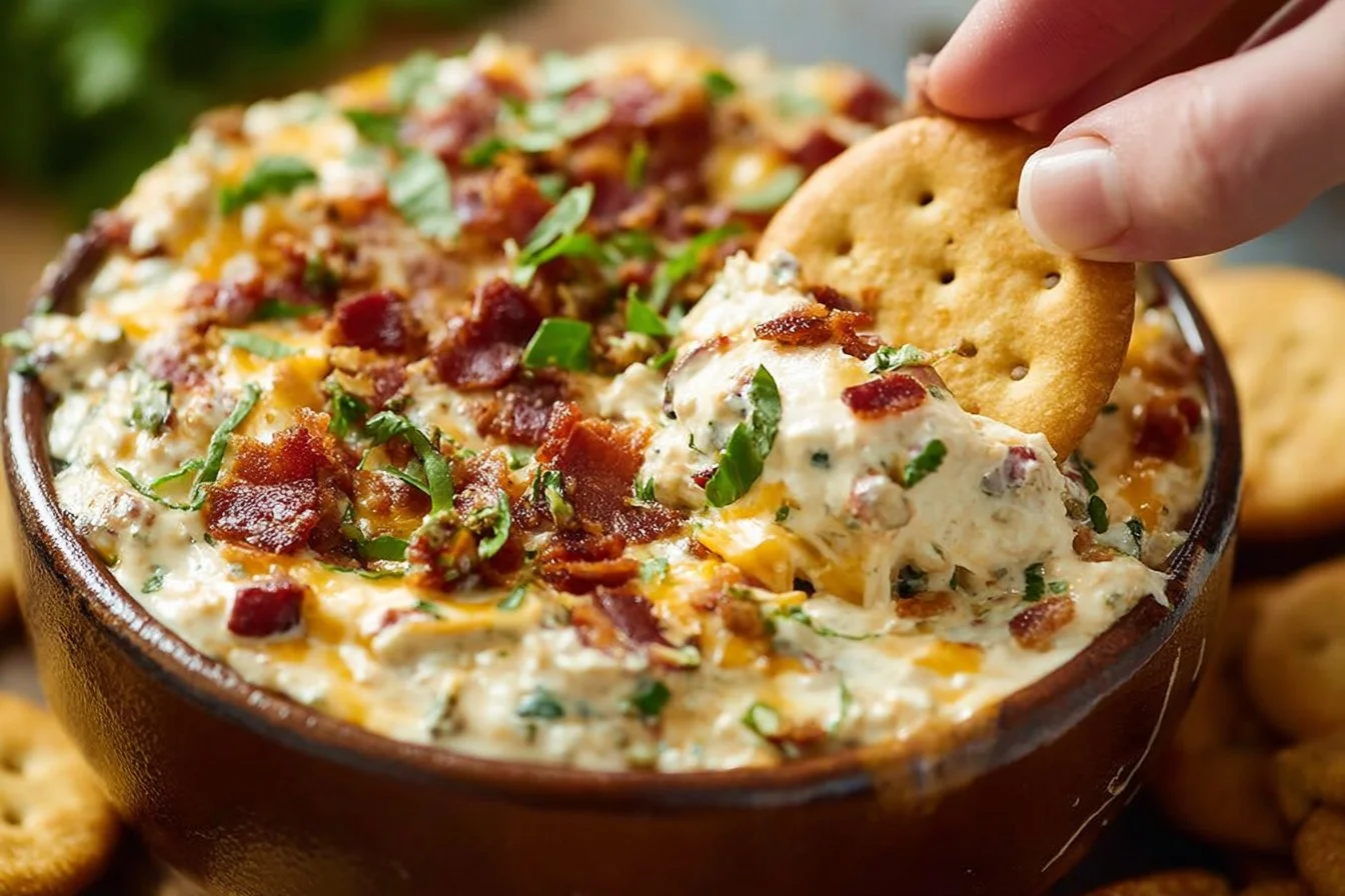 Delicious Million Dollar Dip served in a bowl with fresh vegetables and chips