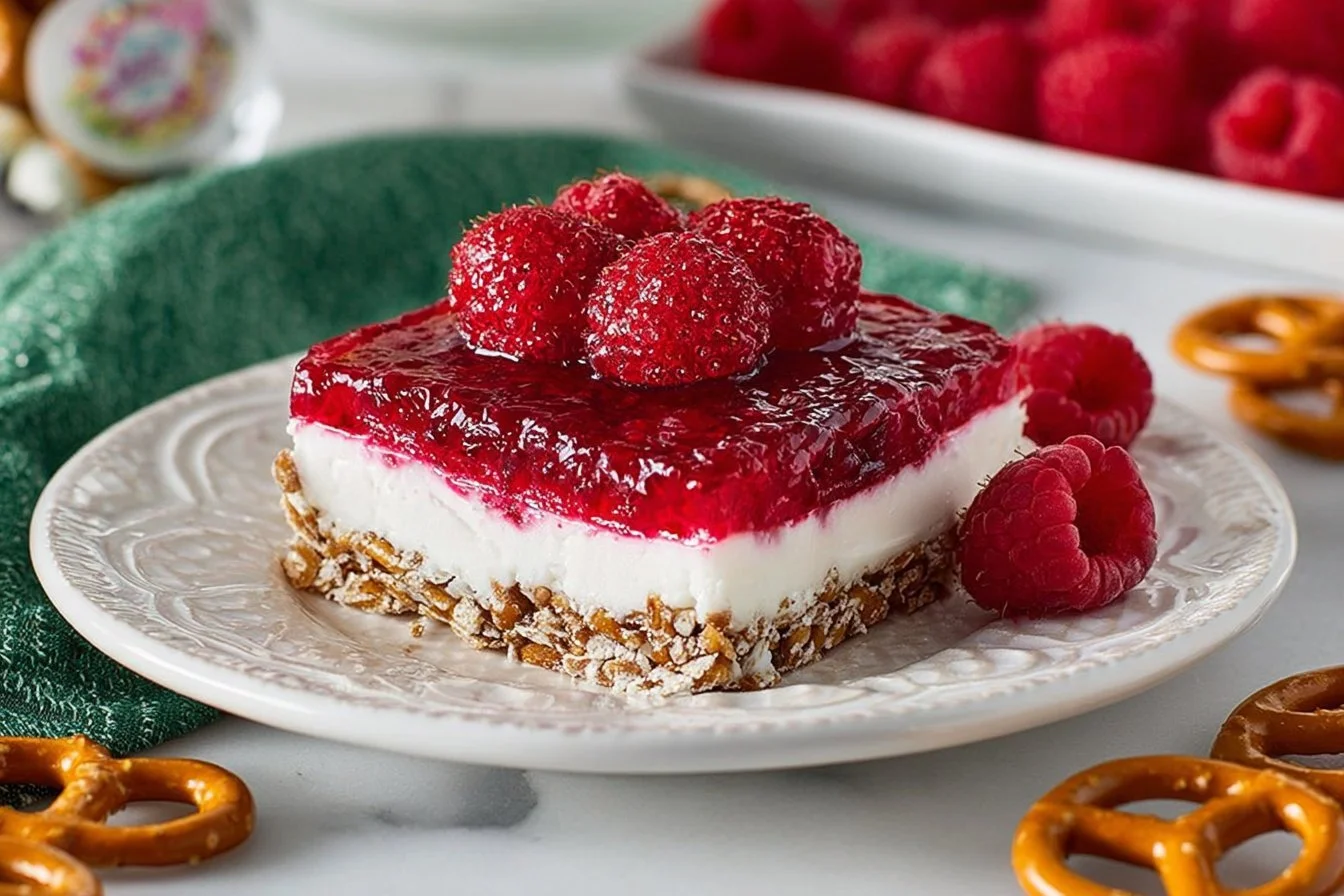 Delicious Raspberry Pretzel Salad served in a bowl.
