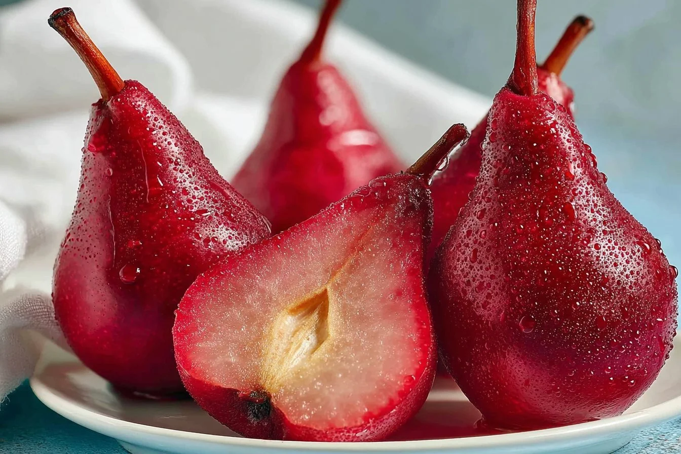 Deliciously red wine poached pears served on a dessert plate