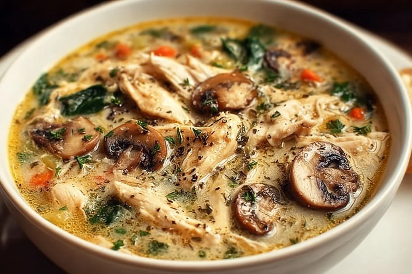 Rotisserie Chicken Mushroom Soup Bowl of rotisserie chicken mushroom soup made with tender chicken and mushrooms