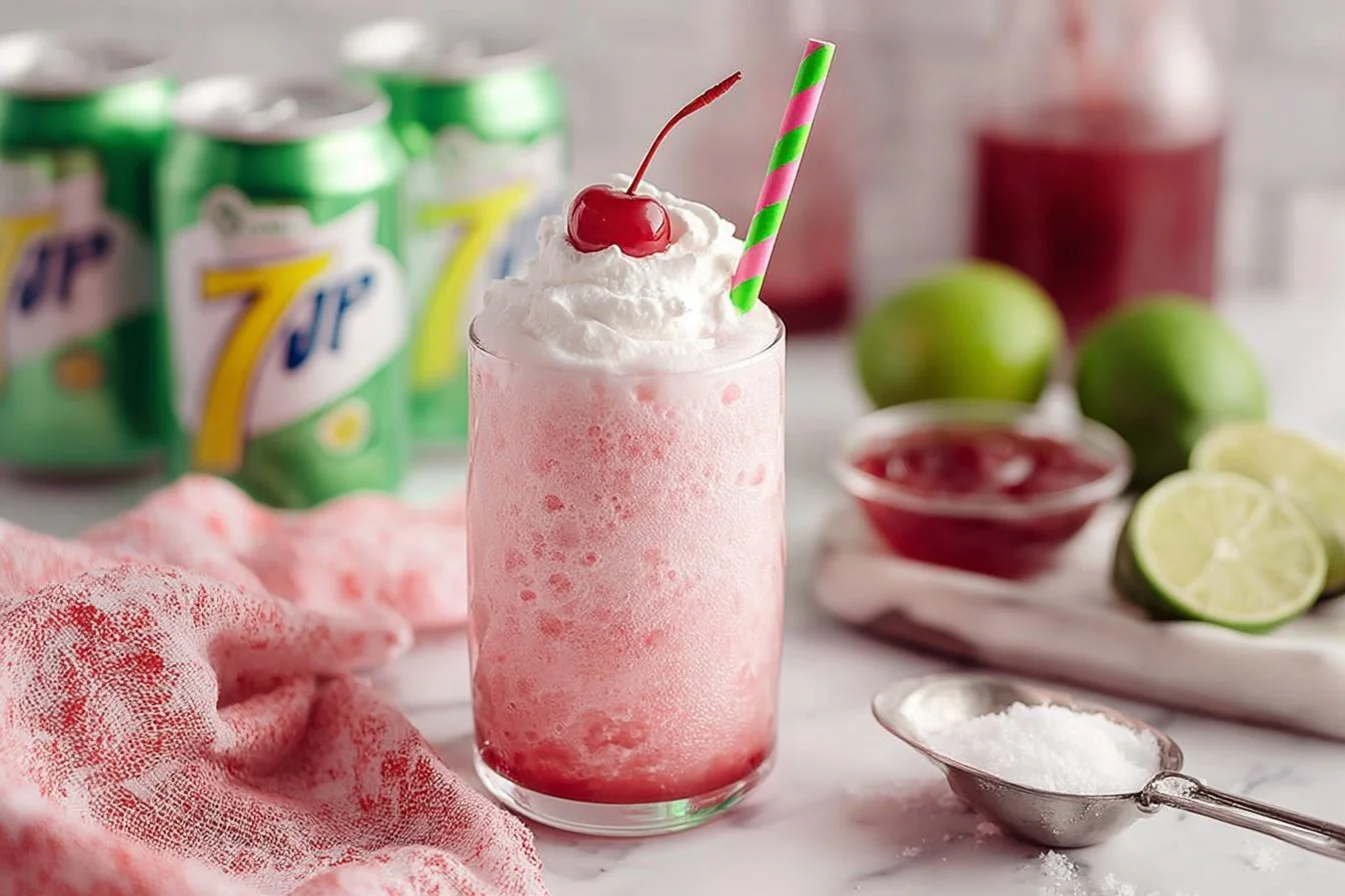 A delicious Shirley Temple Float topped with cherries and whipped cream