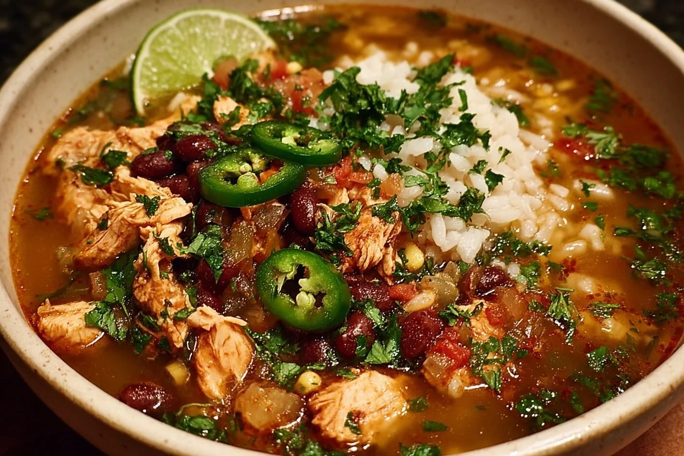 Smoky Chicken, Bean & Rice Soup: Comfort in a Bowl Bowl of Smoky Chicken, Bean & Rice Soup garnished with herbs