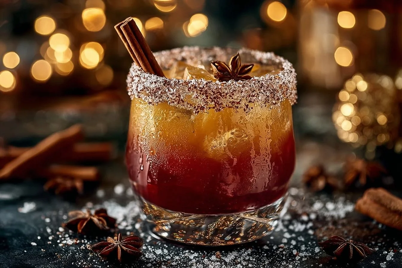 A festive Spiced Christmas Margarita garnished with festive decorations.