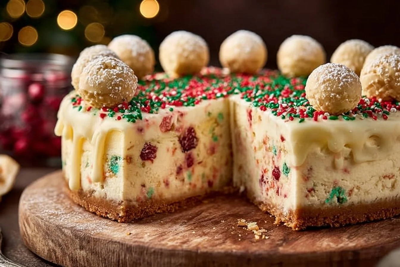 Delicious slice of Sugar Cookie Cheesecake topped with colorful sprinkles