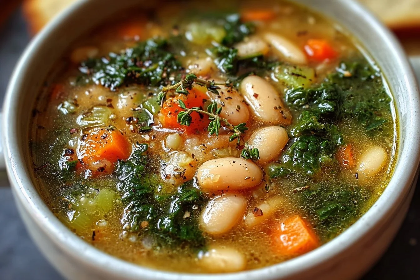 Tuscan White Bean & Kale Soup Bowl of Tuscan white bean and kale soup garnished with herbs
