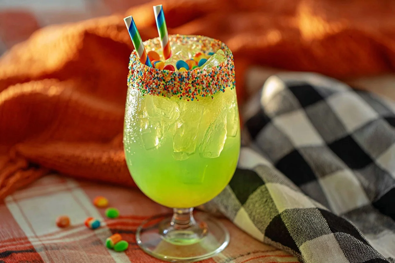 A vibrant Witches Brew cocktail garnished with spooky decorations.