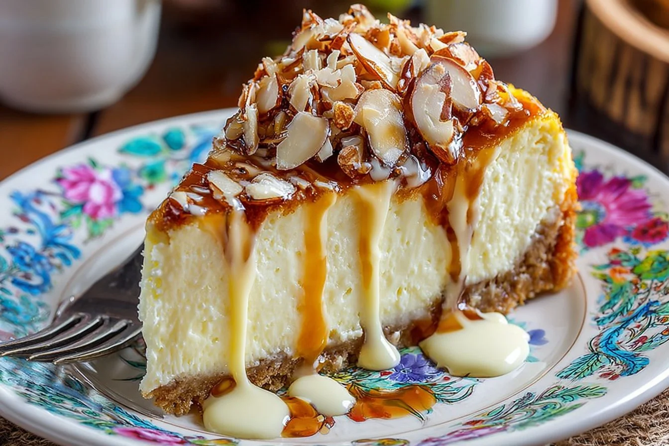 Delicious slice of Amaretto Cheesecake with a smooth texture and rich flavor.