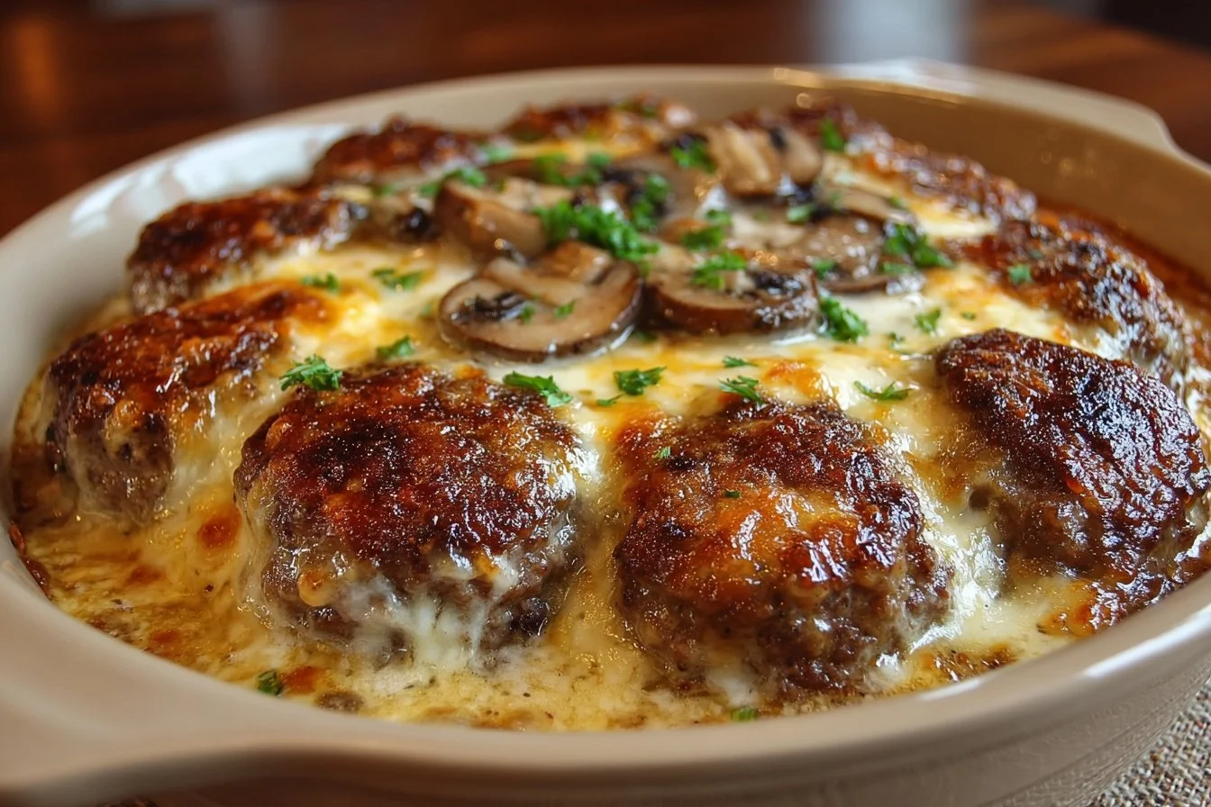 Amish Hamburger Steak Bake served with sides in a cozy kitchen setting.