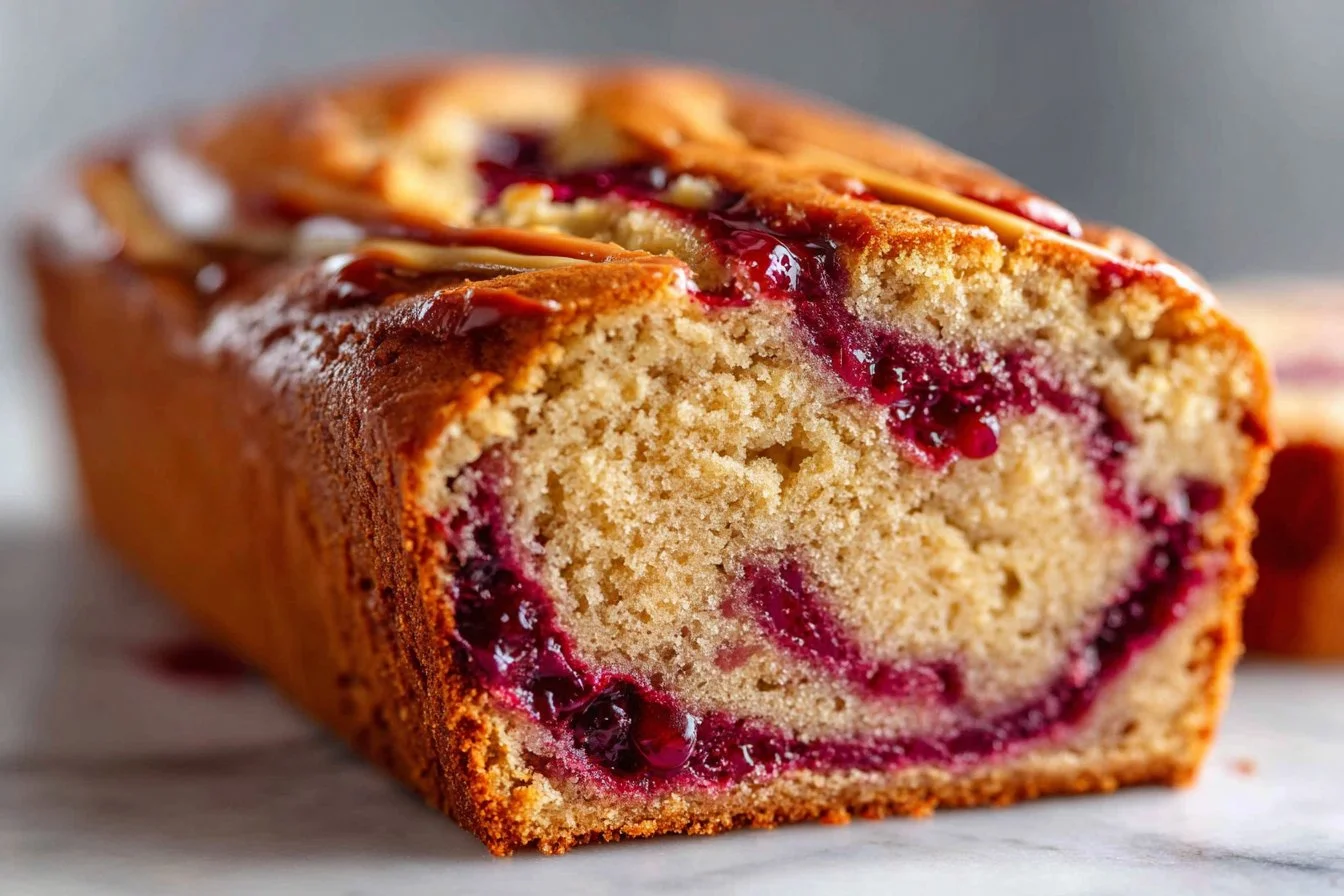 Slice of banana bread topped with peanut butter and jelly on a wooden board