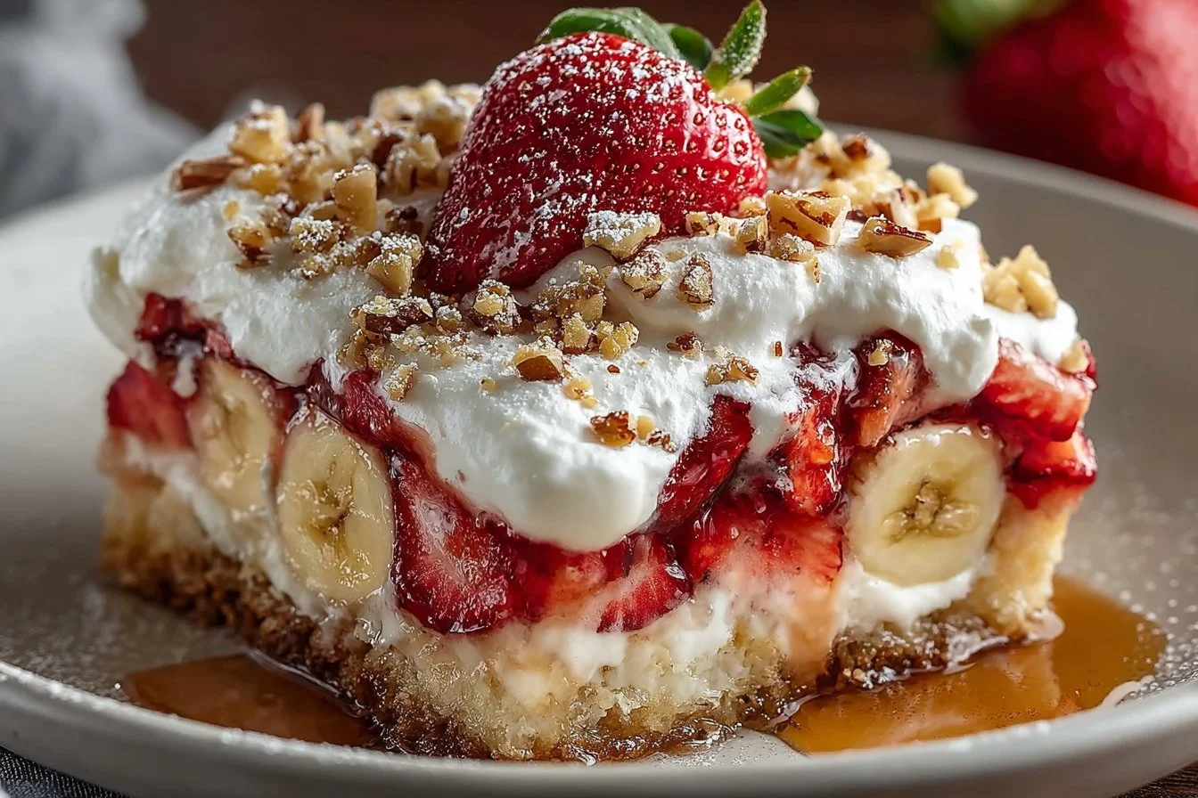 A delicious Banana Split Dump Cake topped with ice cream and cherries