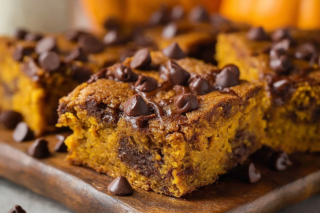 Delicious homemade brown butter pumpkin chocolate chip bars fresh from the oven.