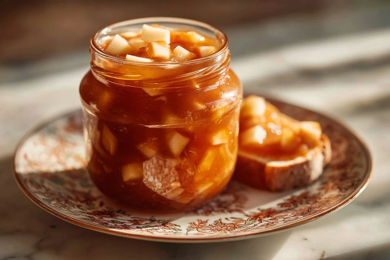 Delicious homemade caramel apple jam in a jar with fresh apples