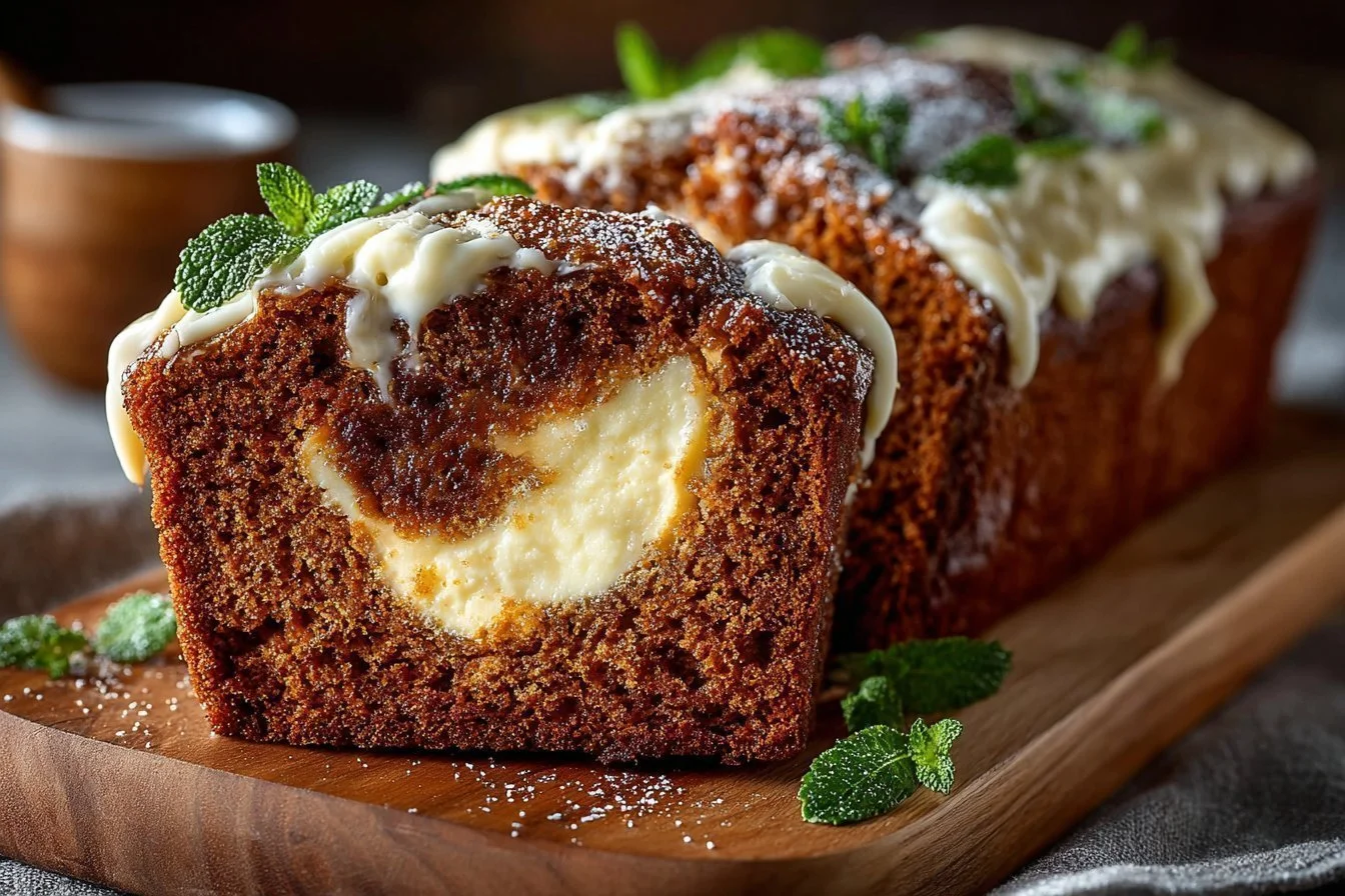 Cheesecake filled gingerbread loaf slice on a plate with festive decorations.