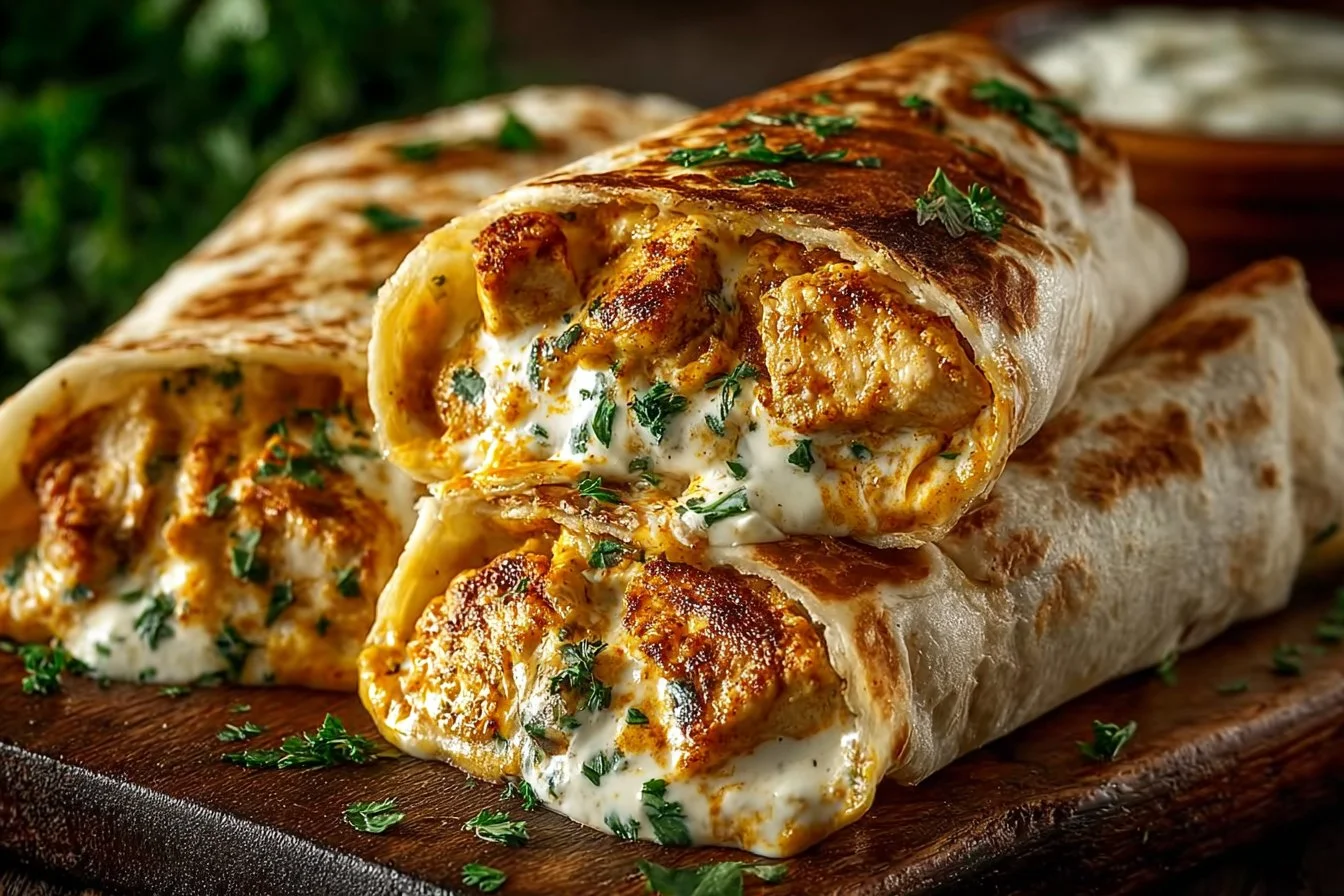 Cheesy garlic chicken wraps with fresh ingredients and melted cheese