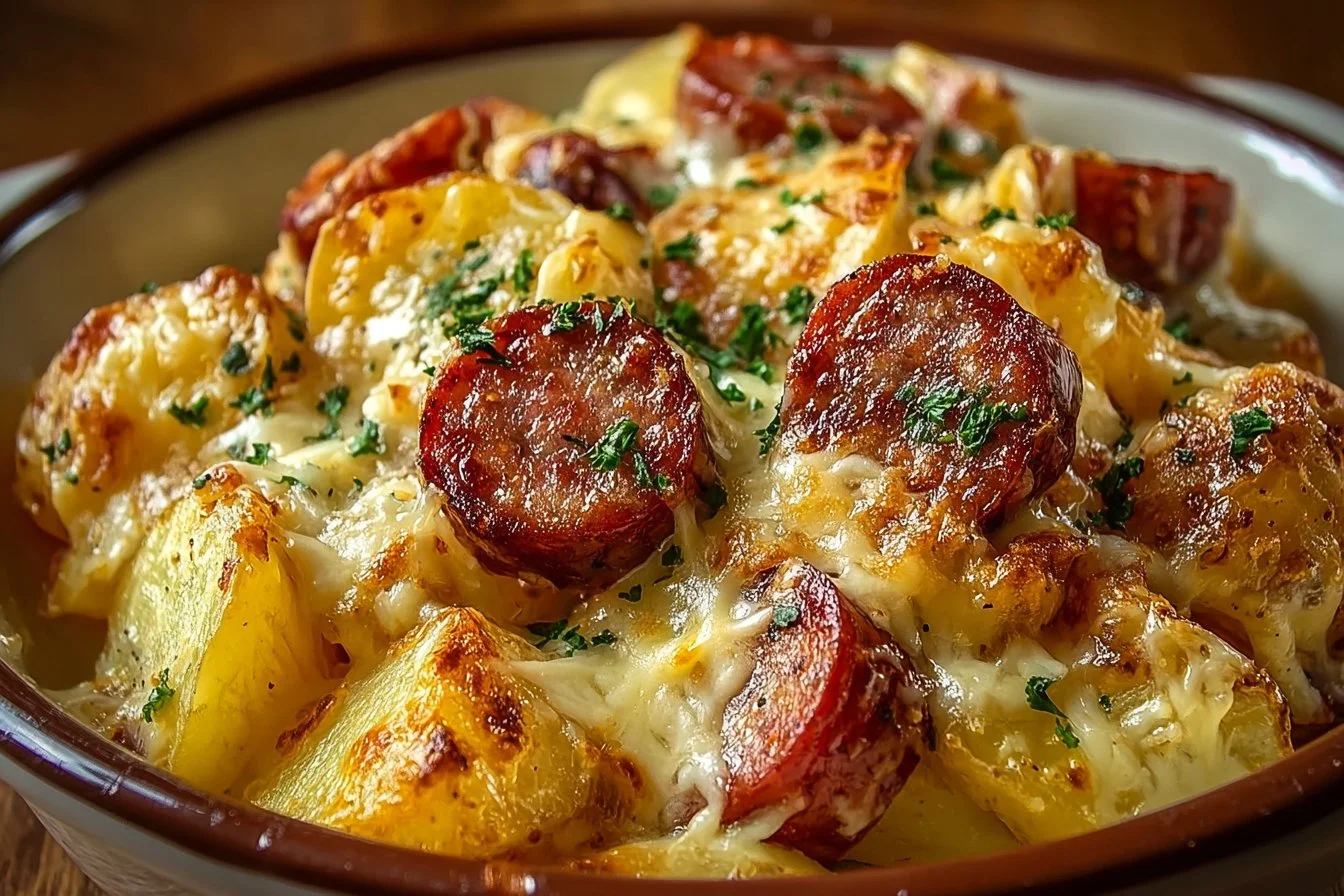Cheesy ranch potatoes with smoked sausage served in a bowl